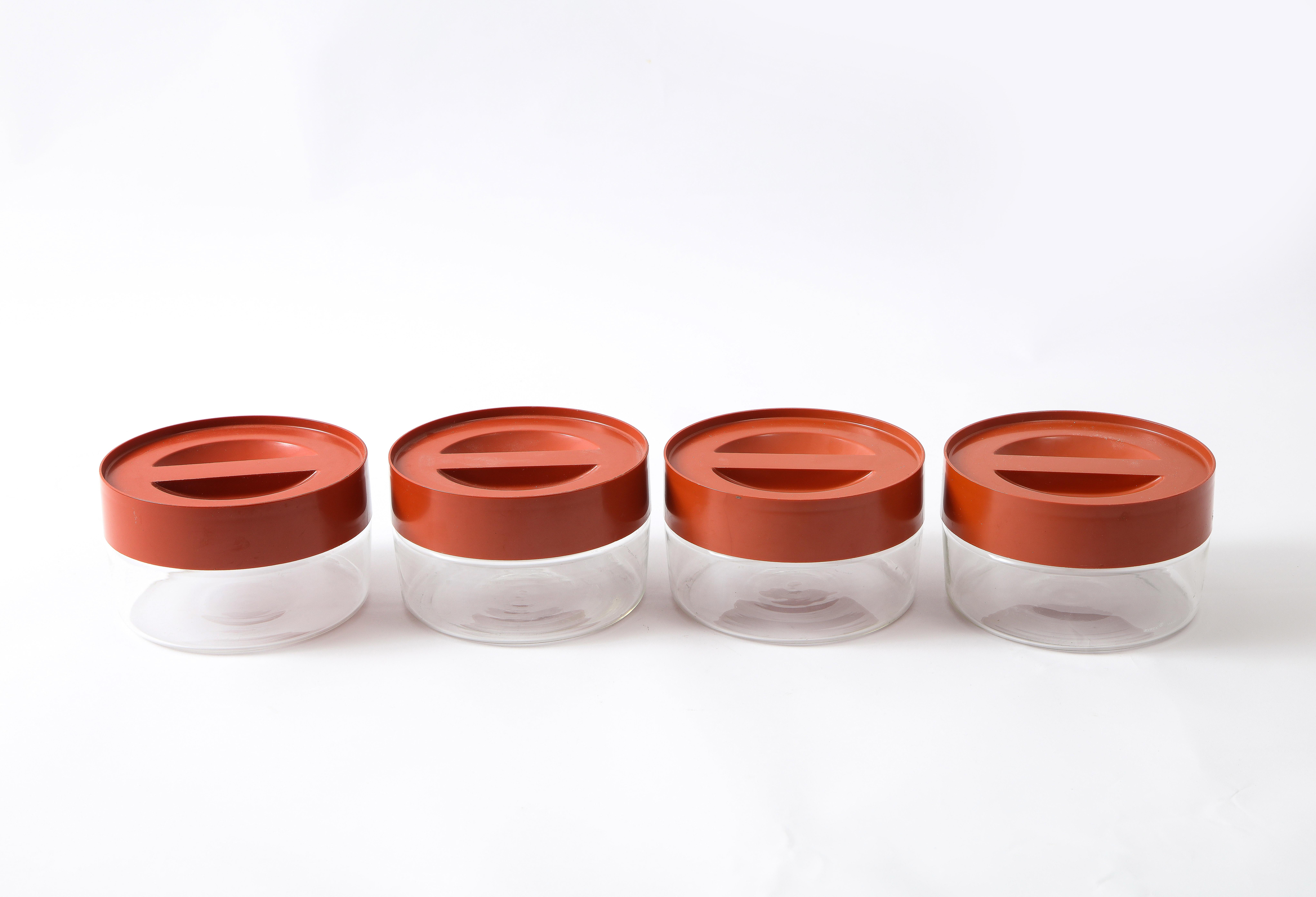 American Set of Four Mid-Century Stackable Storage Containers with Burnt Orange Lids For Sale