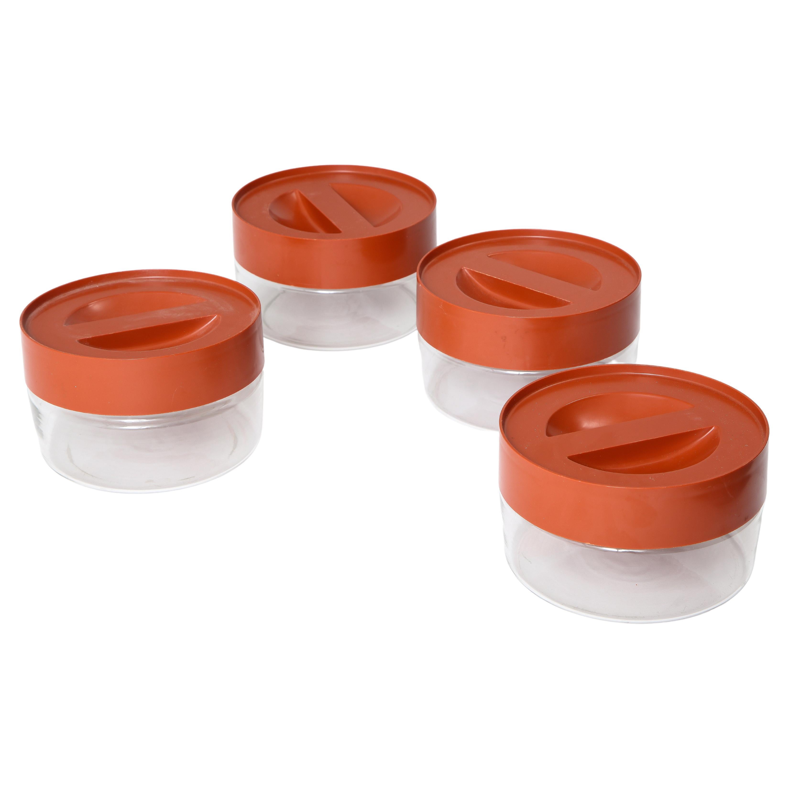 Set of Four Mid-Century Stackable Storage Containers with Burnt Orange Lids For Sale