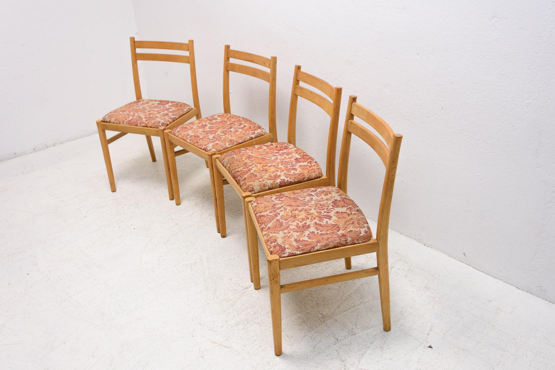 Beech Set of Four Mid Century Dining Chairs, Czechoslovakia, 1960's For Sale