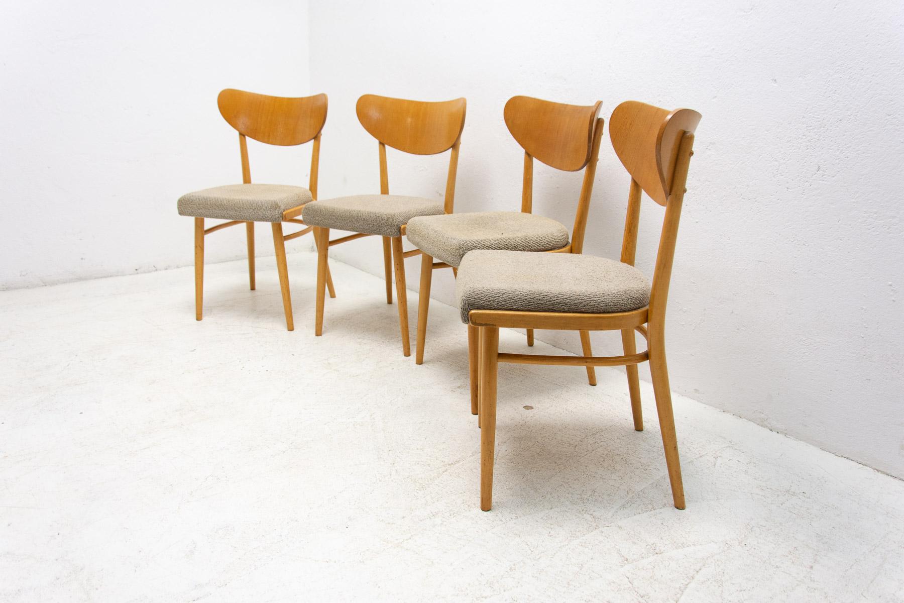Fabric Set of Four Midcentury Dining Chairs, Czechoslovakia, 1960s