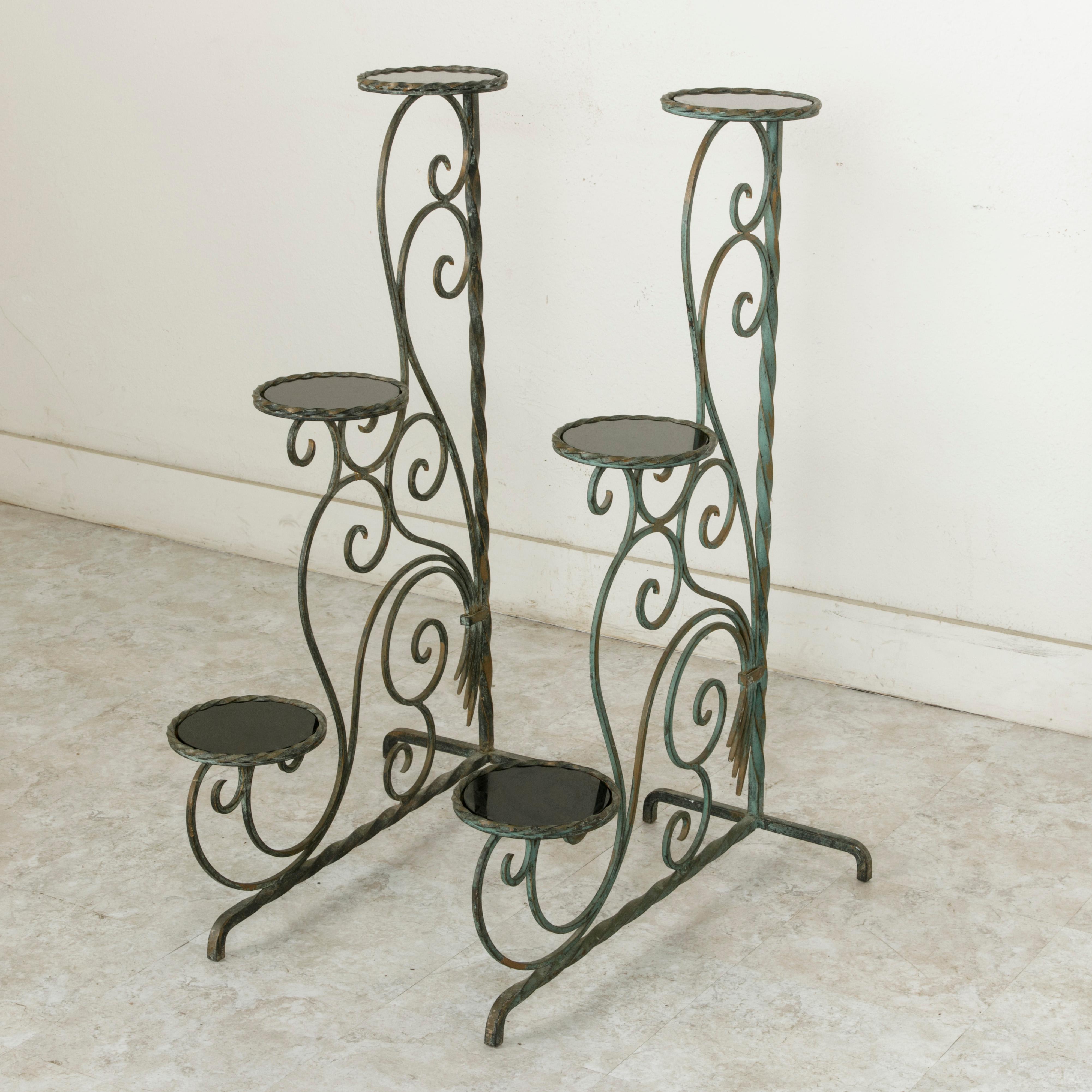 Set of Four Midcentury French Wrought Iron Partitions with Smoked Glass Shelves 12