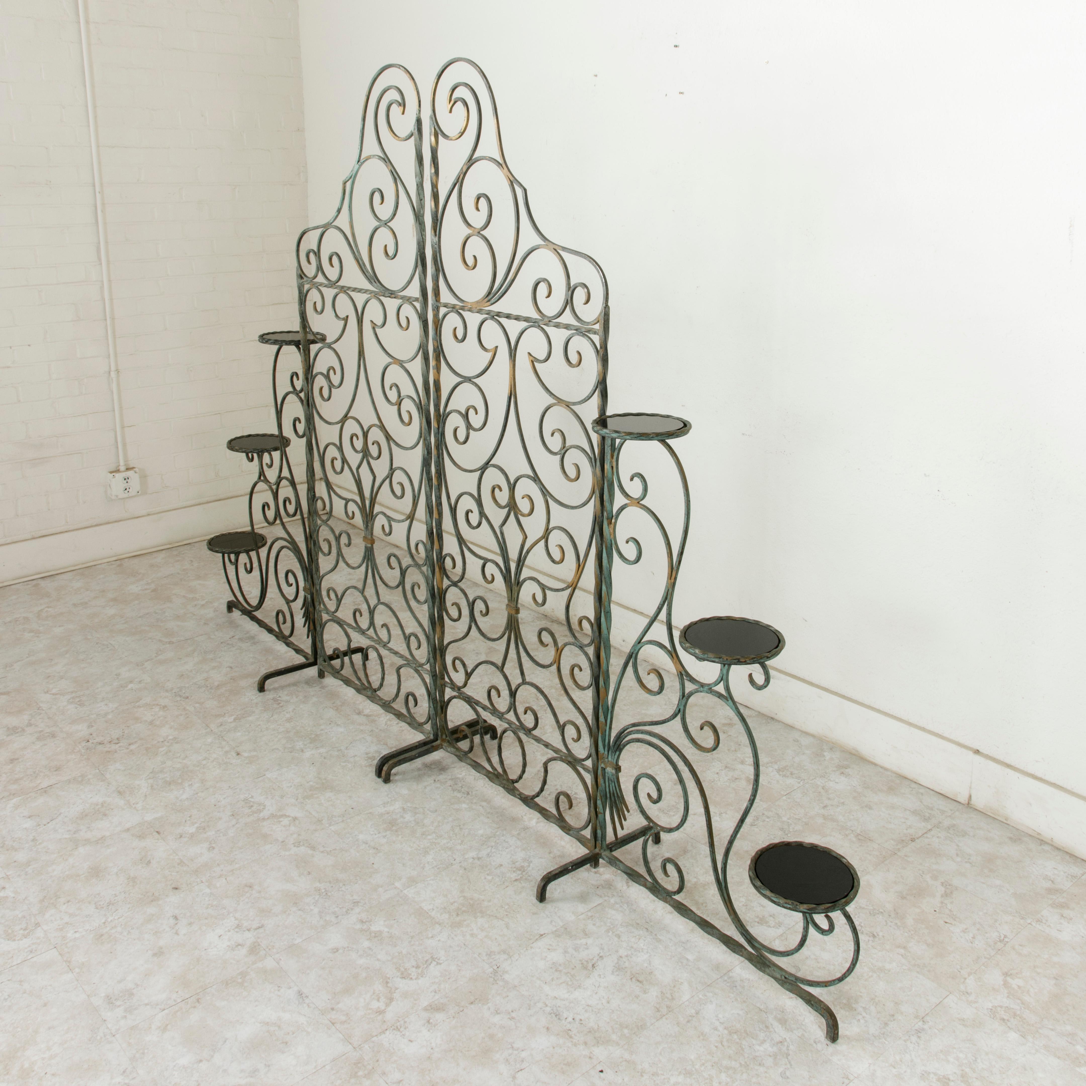 Mid-20th Century Set of Four Midcentury French Wrought Iron Partitions with Smoked Glass Shelves