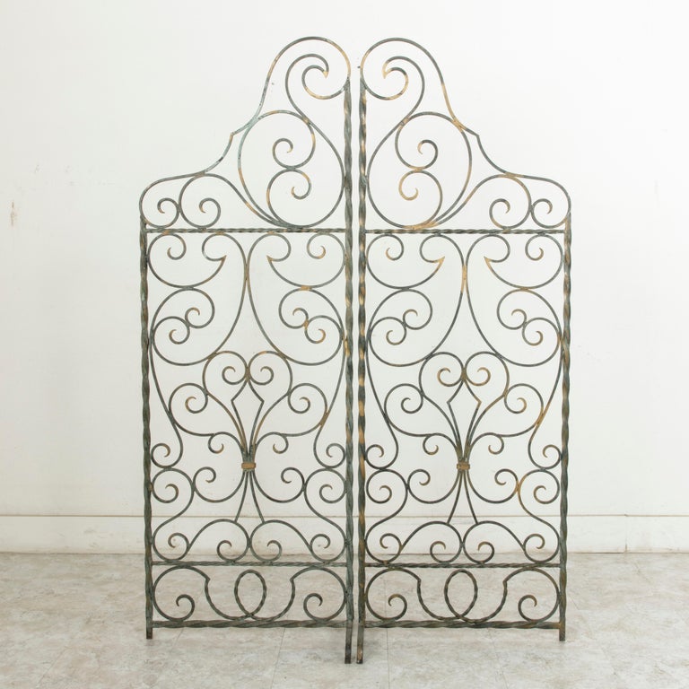 Set of Four Midcentury French Wrought Iron Partitions with Smoked Glass