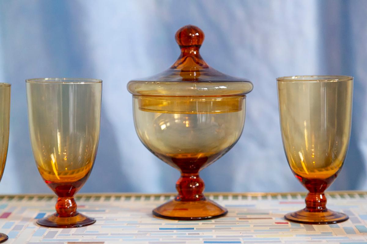 Italian Set of Four Mid Century Glasses and Sugar Bowl, Murano, Europe, 1960s For Sale