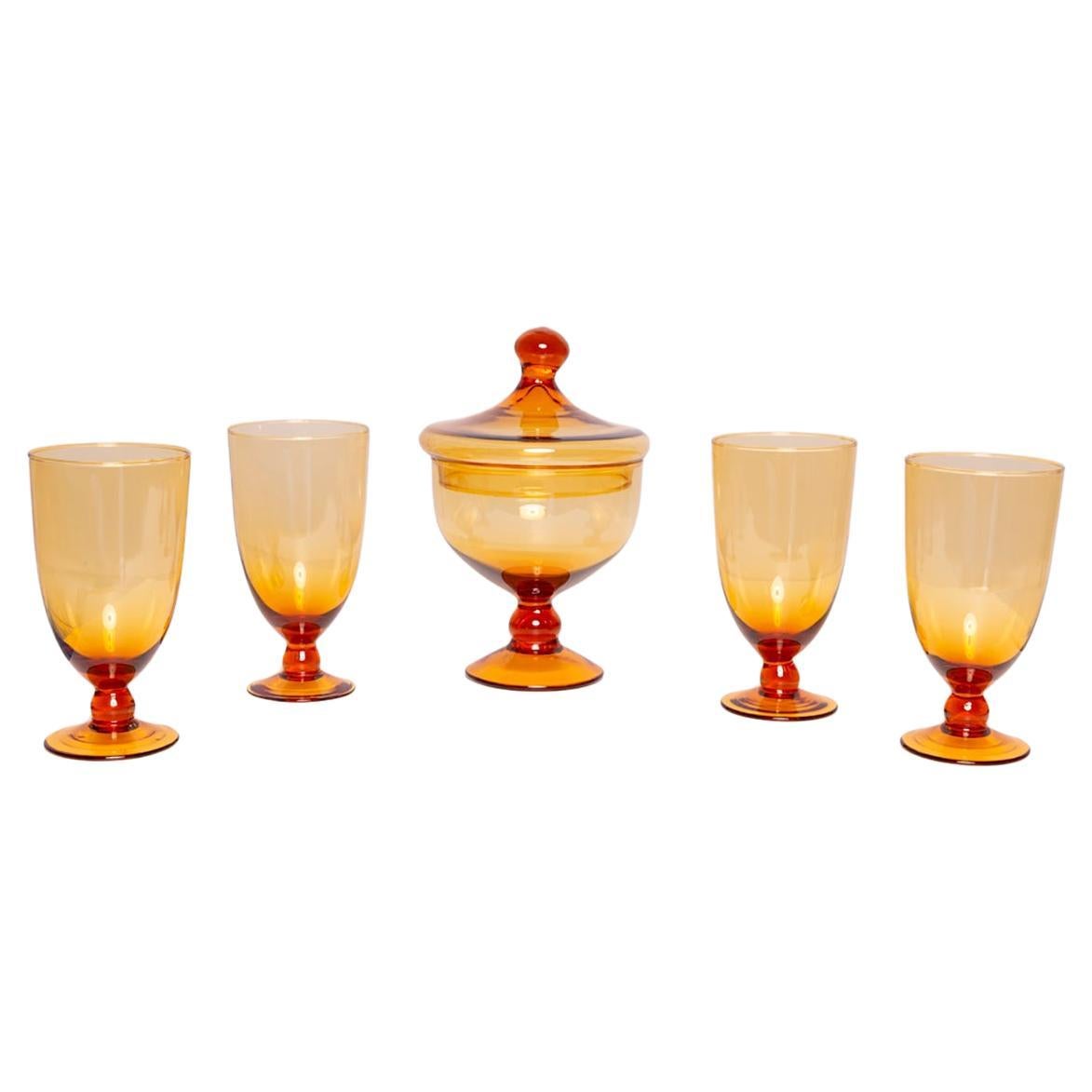 Set of Four Mid Century Glasses and Sugar Bowl, Murano, Europe, 1960s