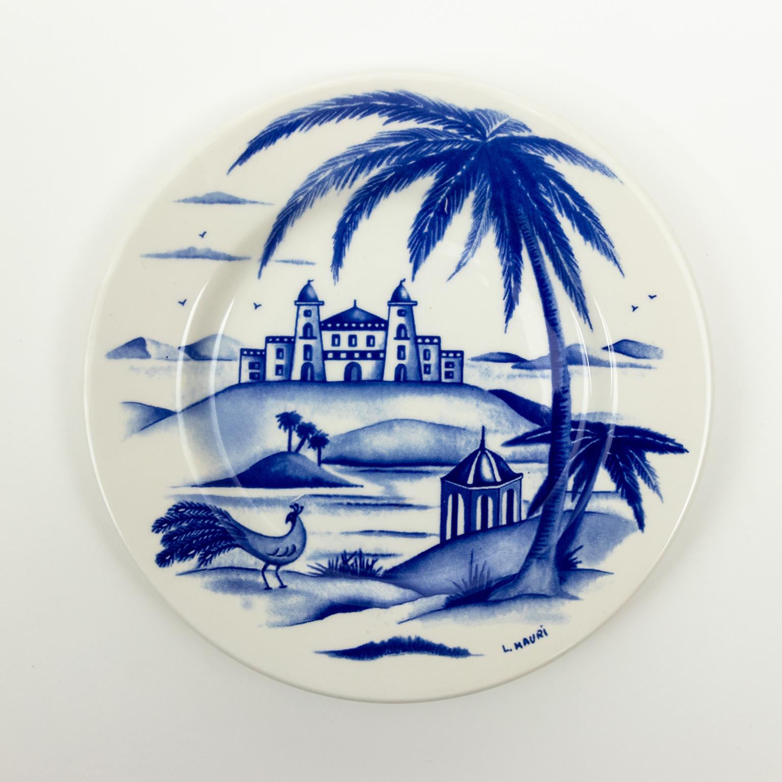 Circa mid-20th century set of four Italian chinoiserie design plates. These hand painted vintage pottery plates with blue and white Chinoiserie landscape designs. Signed on the front 