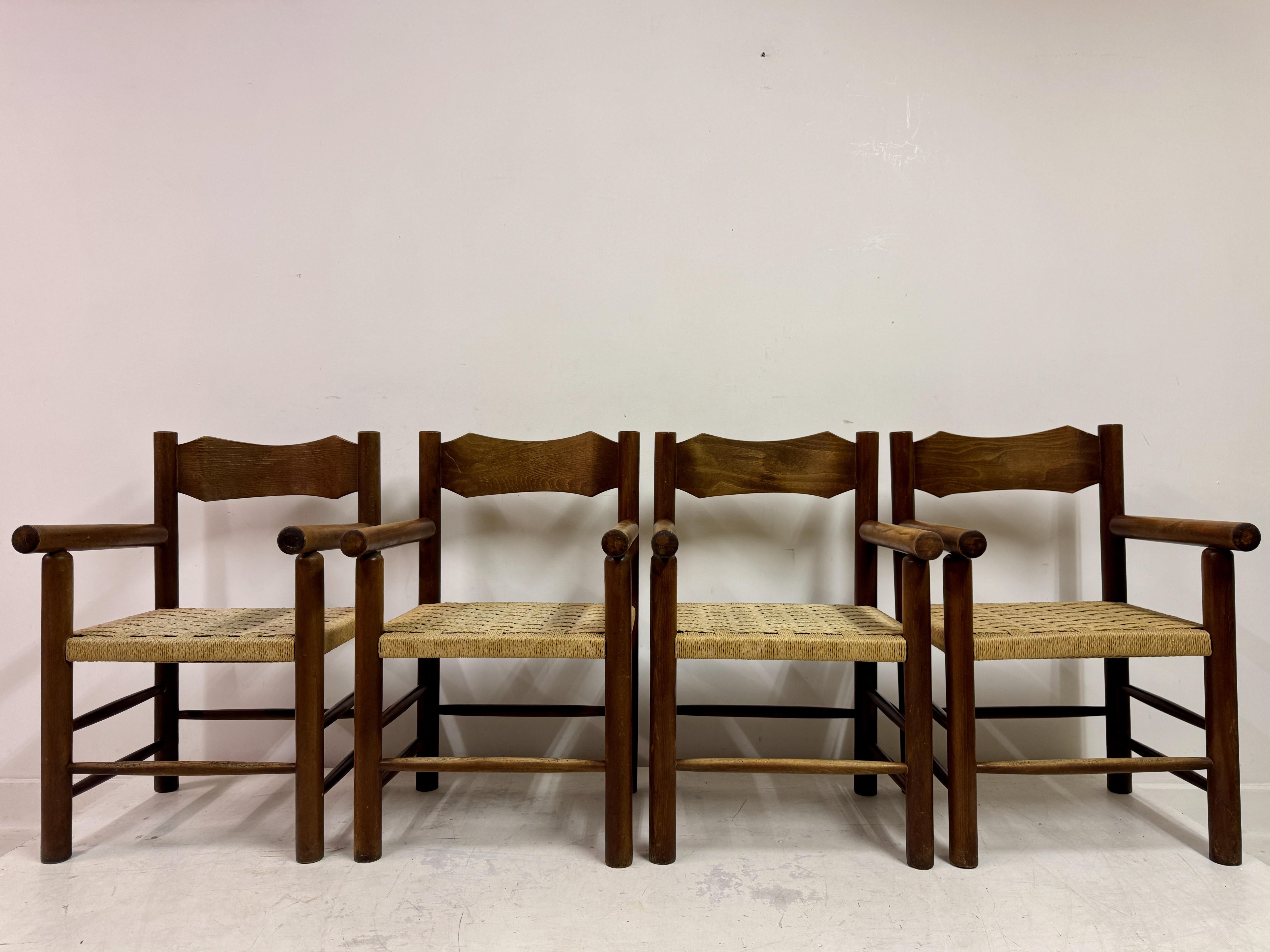 Mid-Century Modern Set Of Four Mid Century Italian Armchairs With Rope Seats For Sale