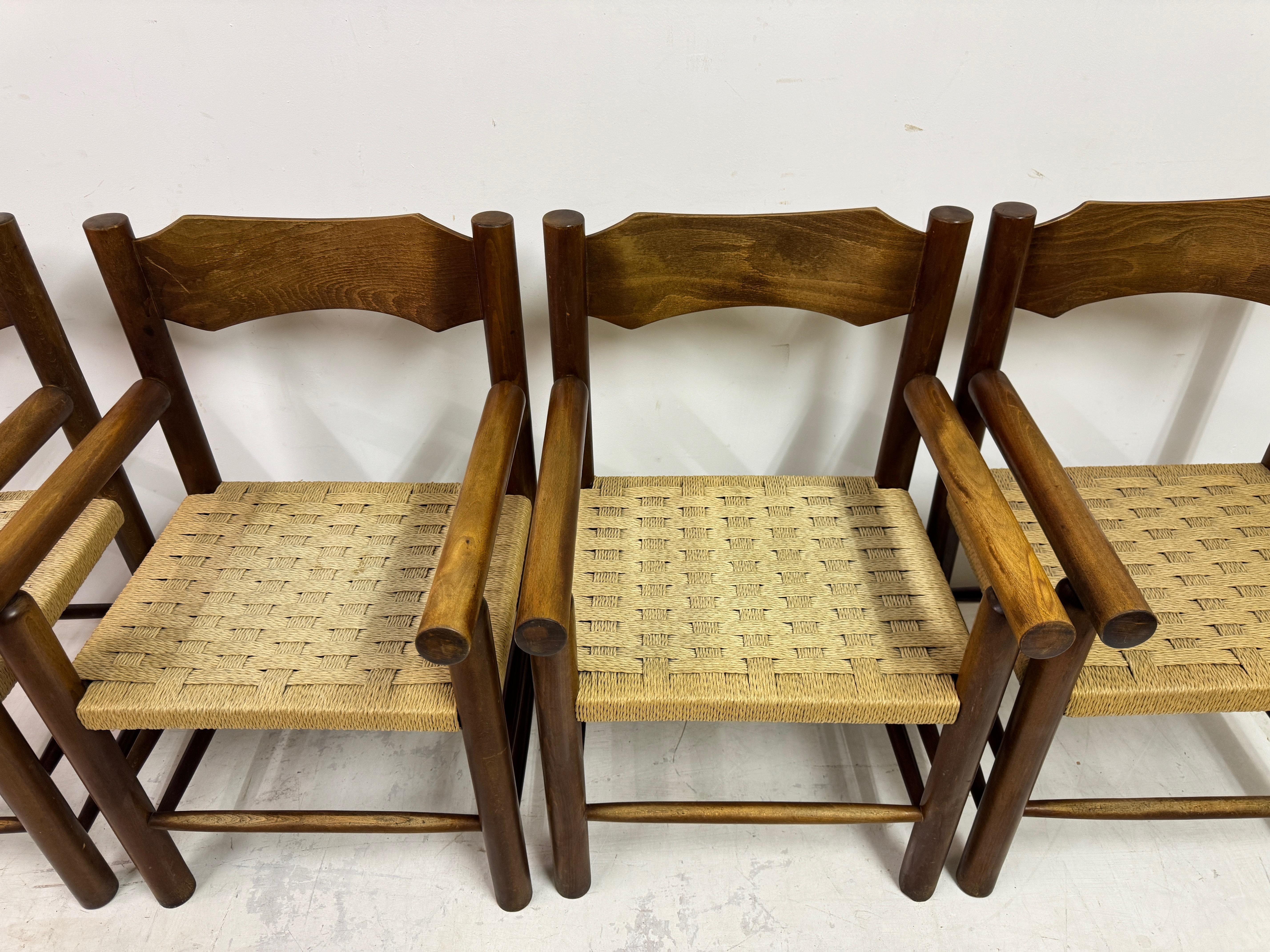 Rush Set Of Four Mid Century Italian Armchairs With Rope Seats For Sale