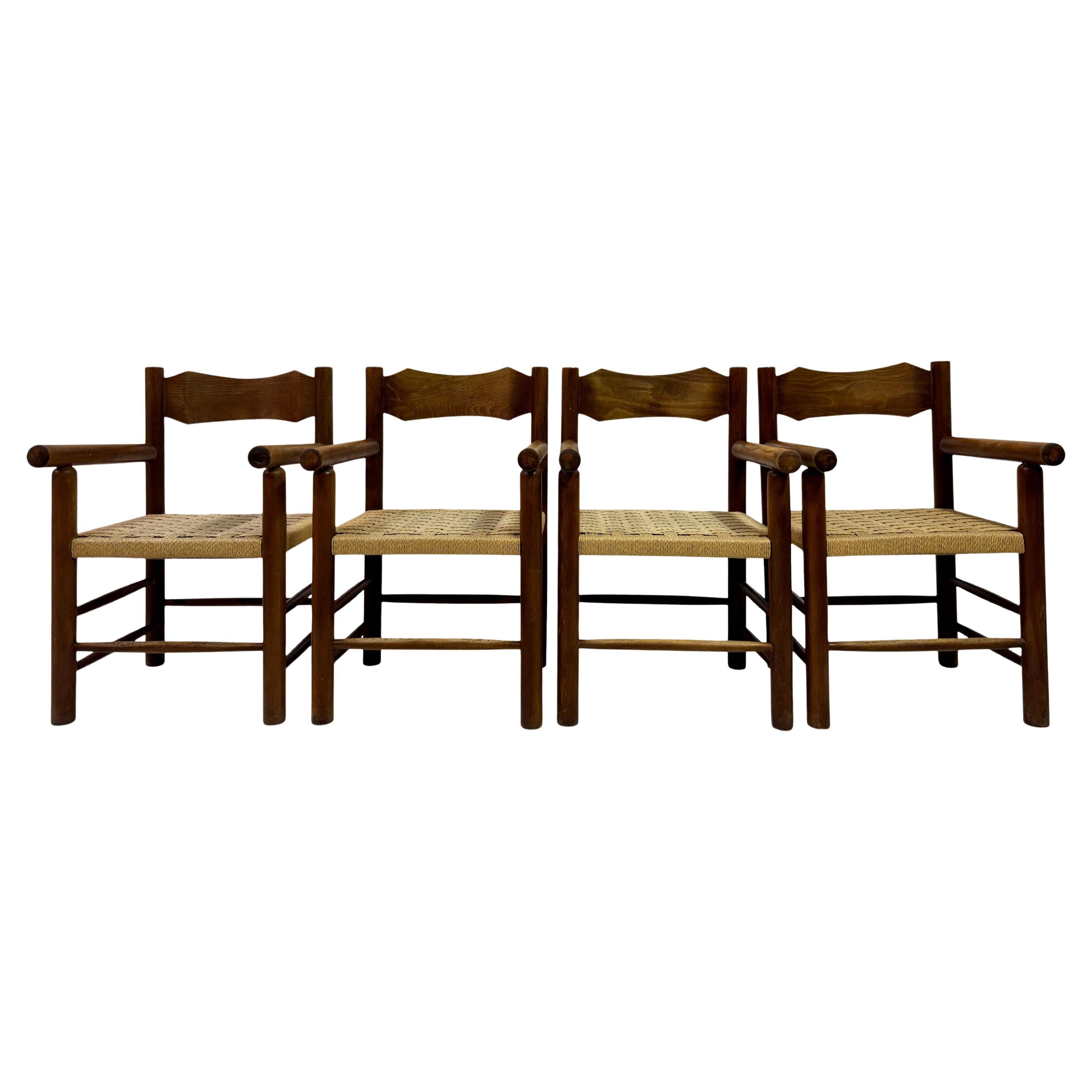Set Of Four Mid Century Italian Armchairs With Rope Seats For Sale