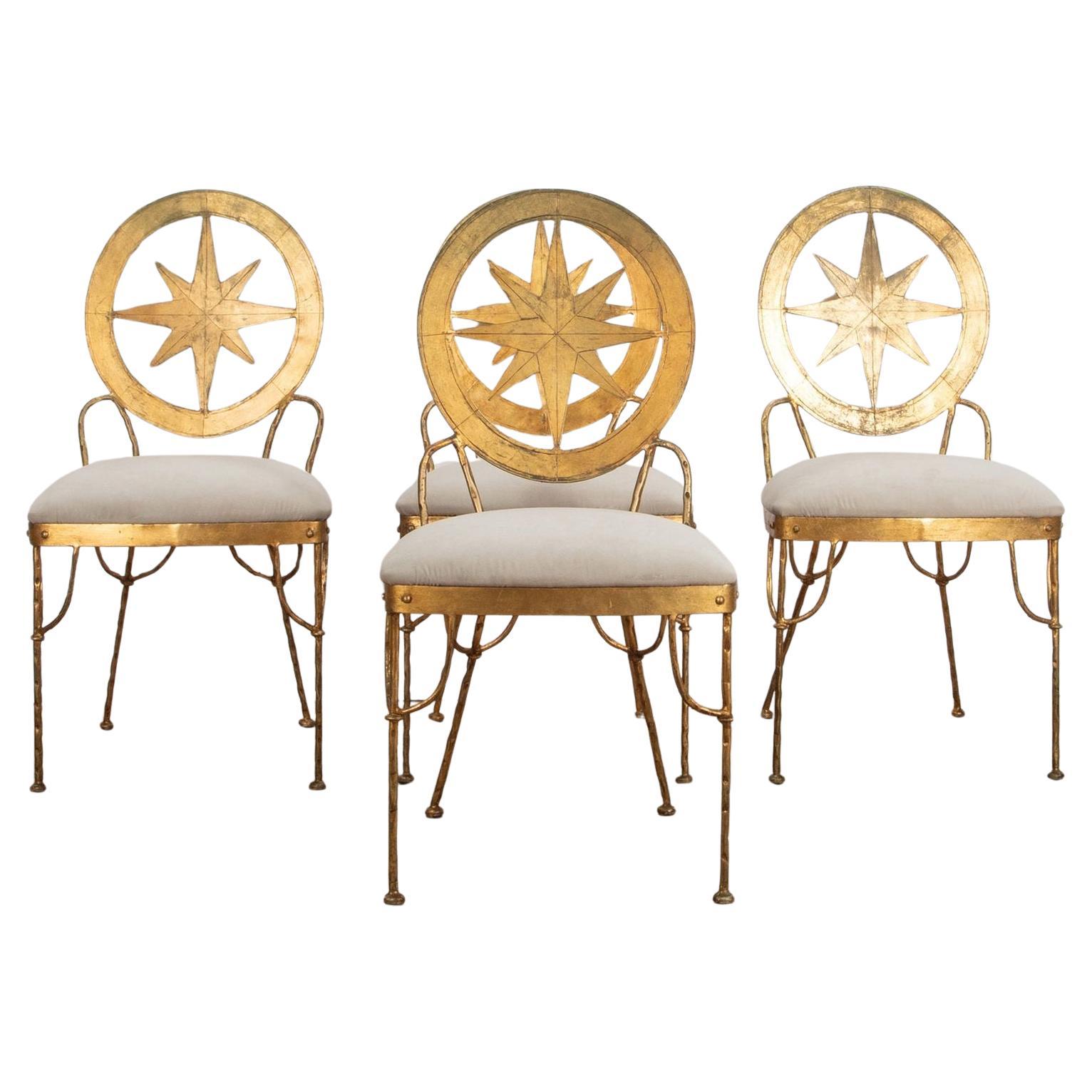 Set of Four Mid-Century Italian Gold Leaf Metal Chairs For Sale