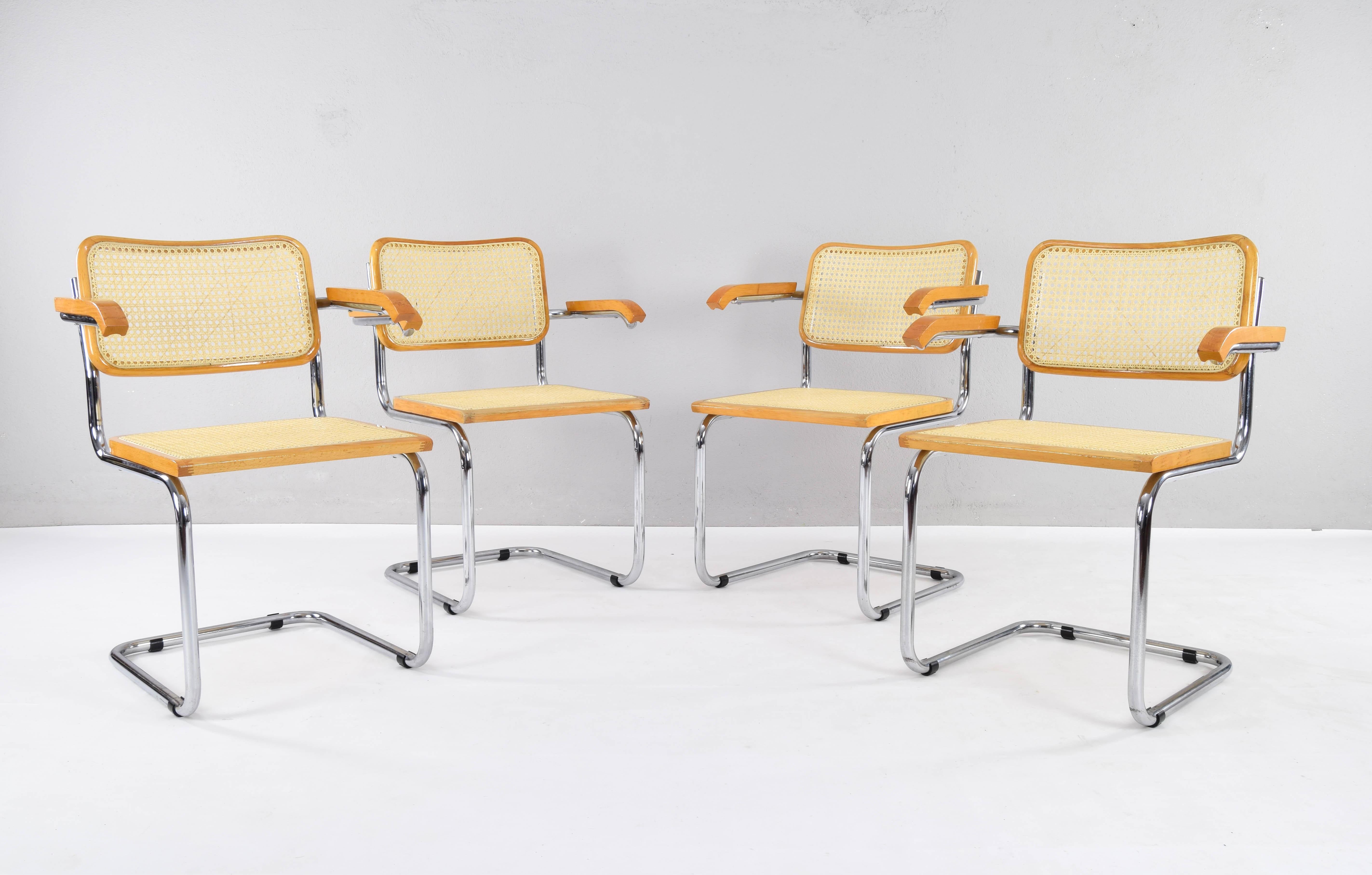Steel Set of Four Mid-Century Italian Modern Marcel Breuer B64 Cesca Chairs, 1970