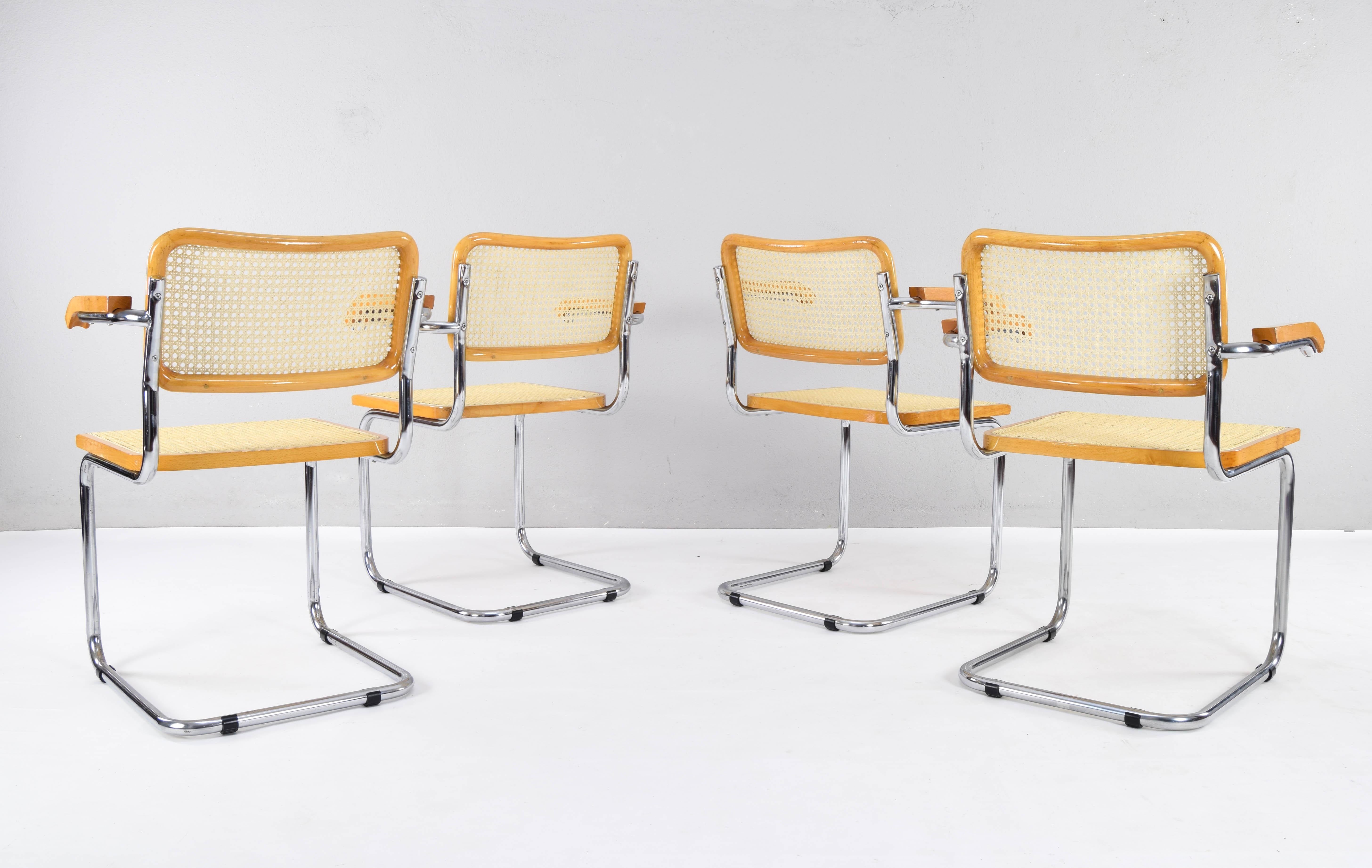 Steel Set of Four Mid-Century Italian Modern Marcel Breuer B64 Cesca Chairs, 1970