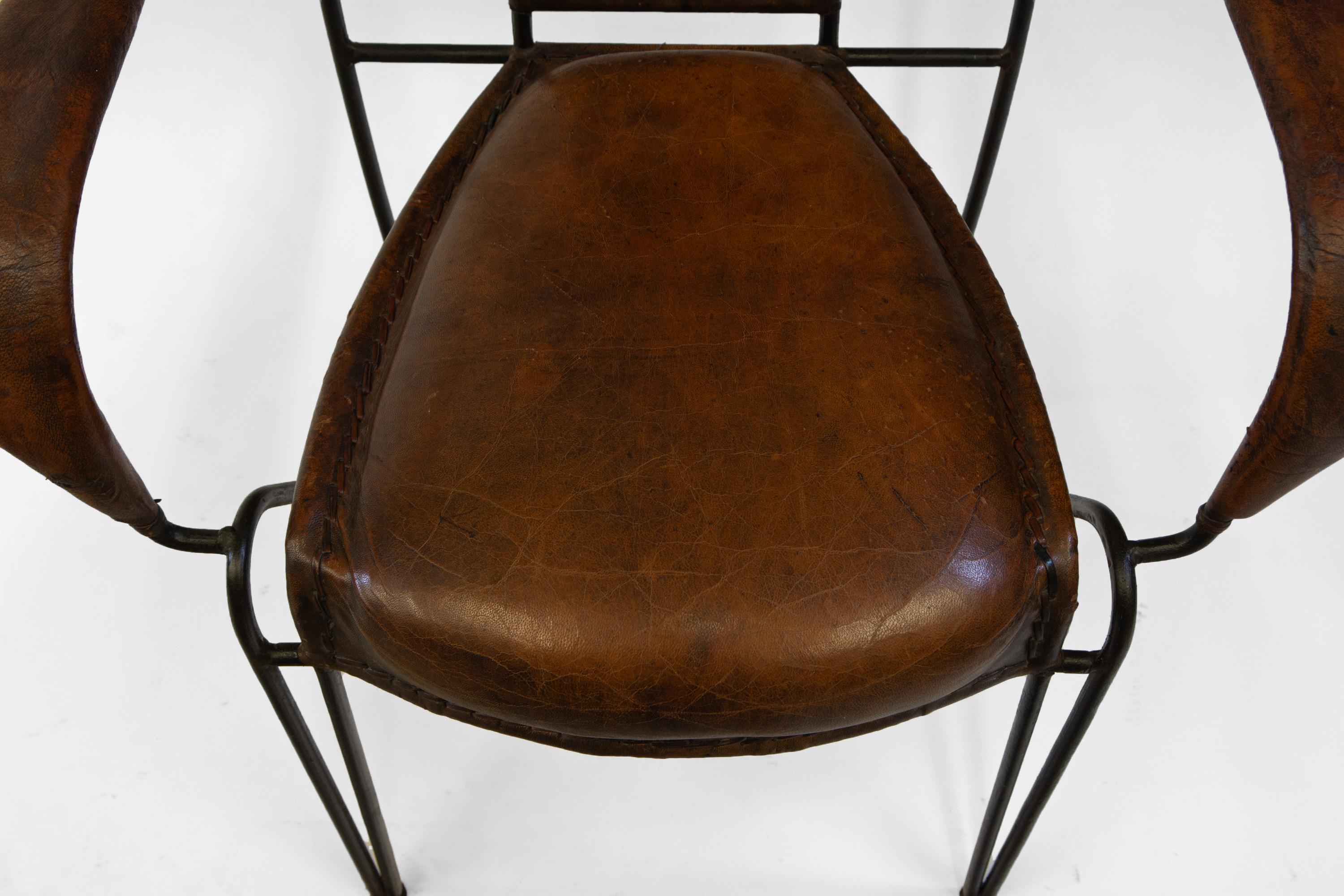 Set of Four French Mid Century Leather & Iron Dining Chairs For Sale 3