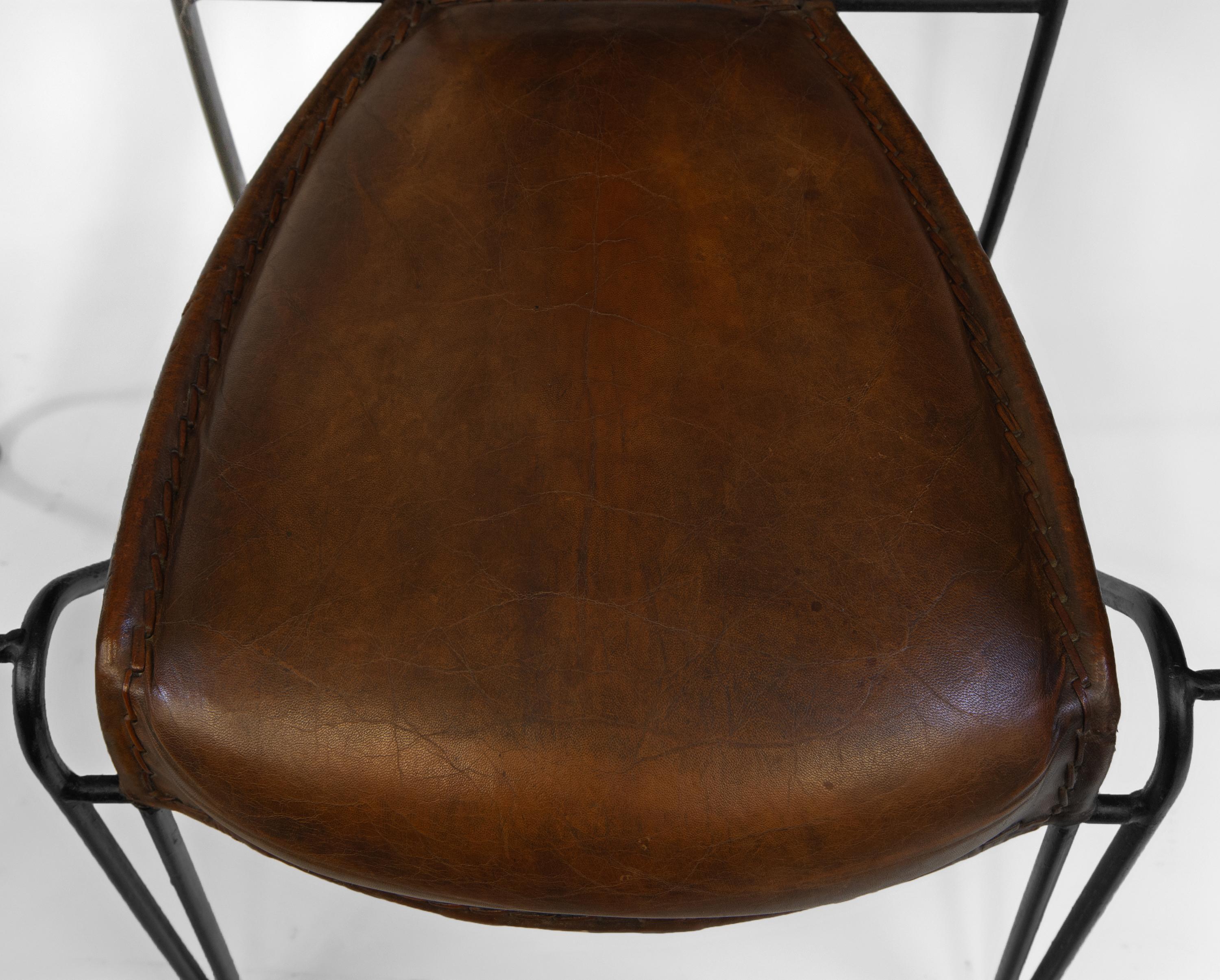 Set of Four French Mid Century Leather & Iron Dining Chairs For Sale 4