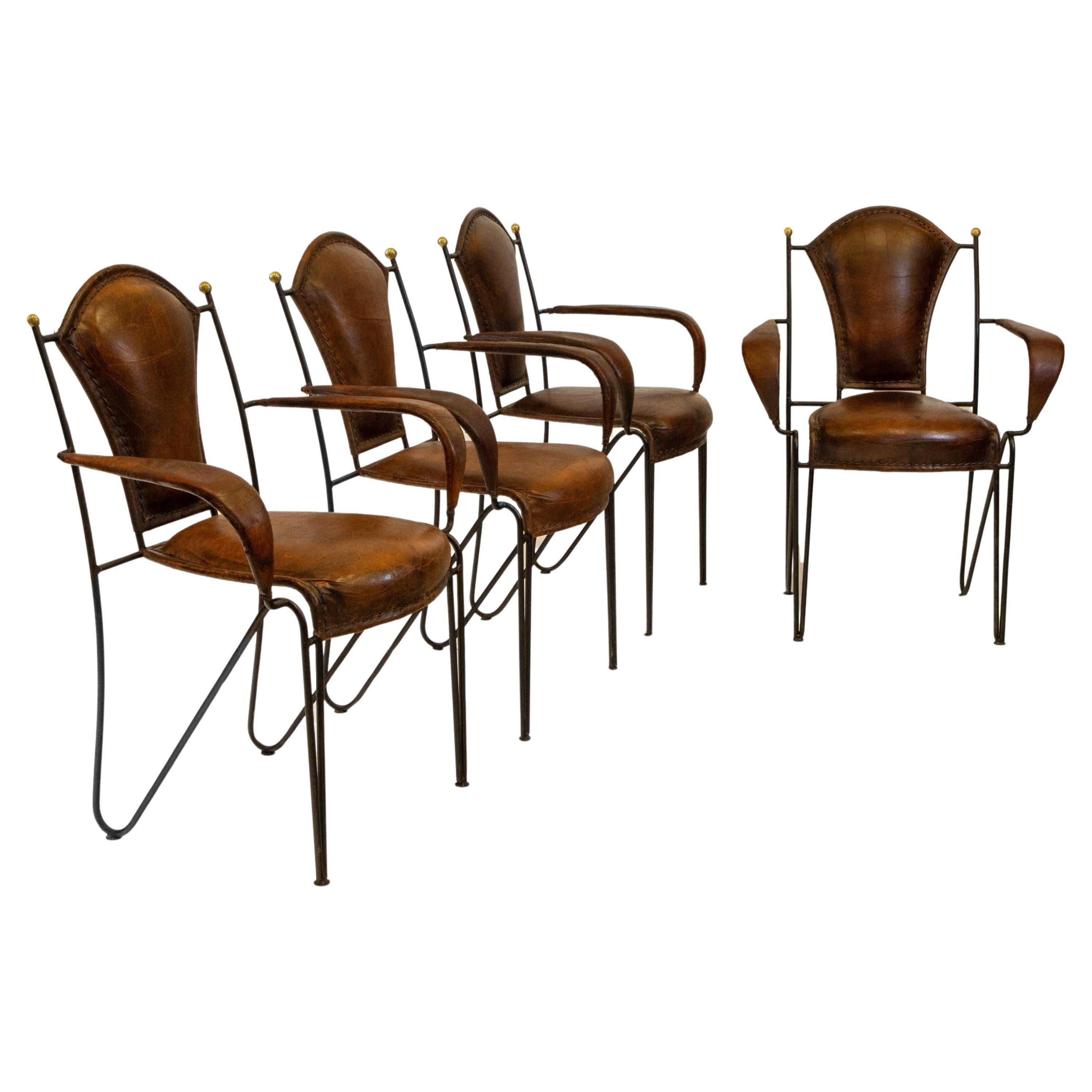 Set of Four French Mid Century Leather & Iron Dining Chairs For Sale