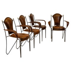 Set of Four French Mid Century Leather & Iron Dining Chairs