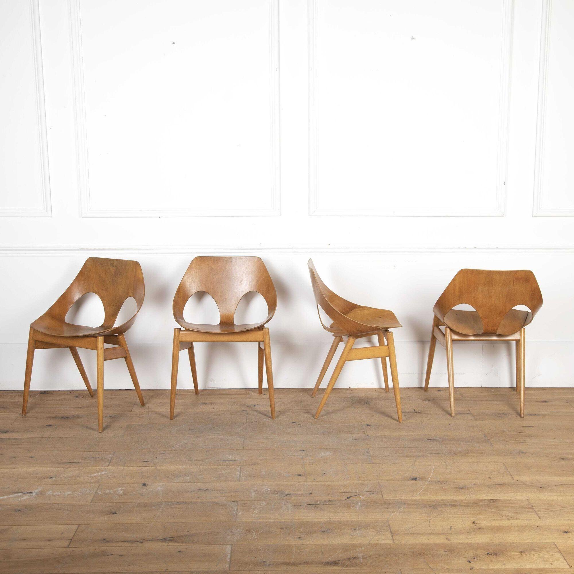 Set of four iconic design Jason stacking chairs designed by Carl Jacobs.
These chairs have a moulded 5-ply beech plywood seat and a solid beech frame.
An example is held in the permanent collection at the V&A museum.
- - - 
'From the early 1950s