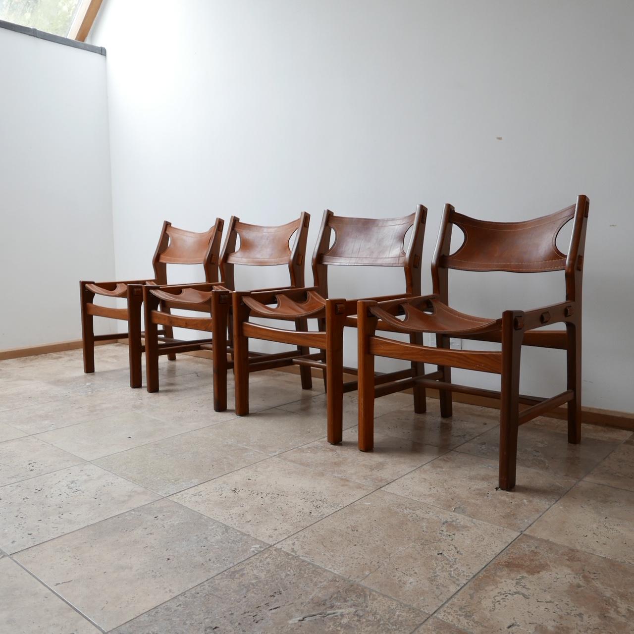 Spanish Set of Four Mid-Century Leather Dining Chairs in manner of Sergio Rodrigues