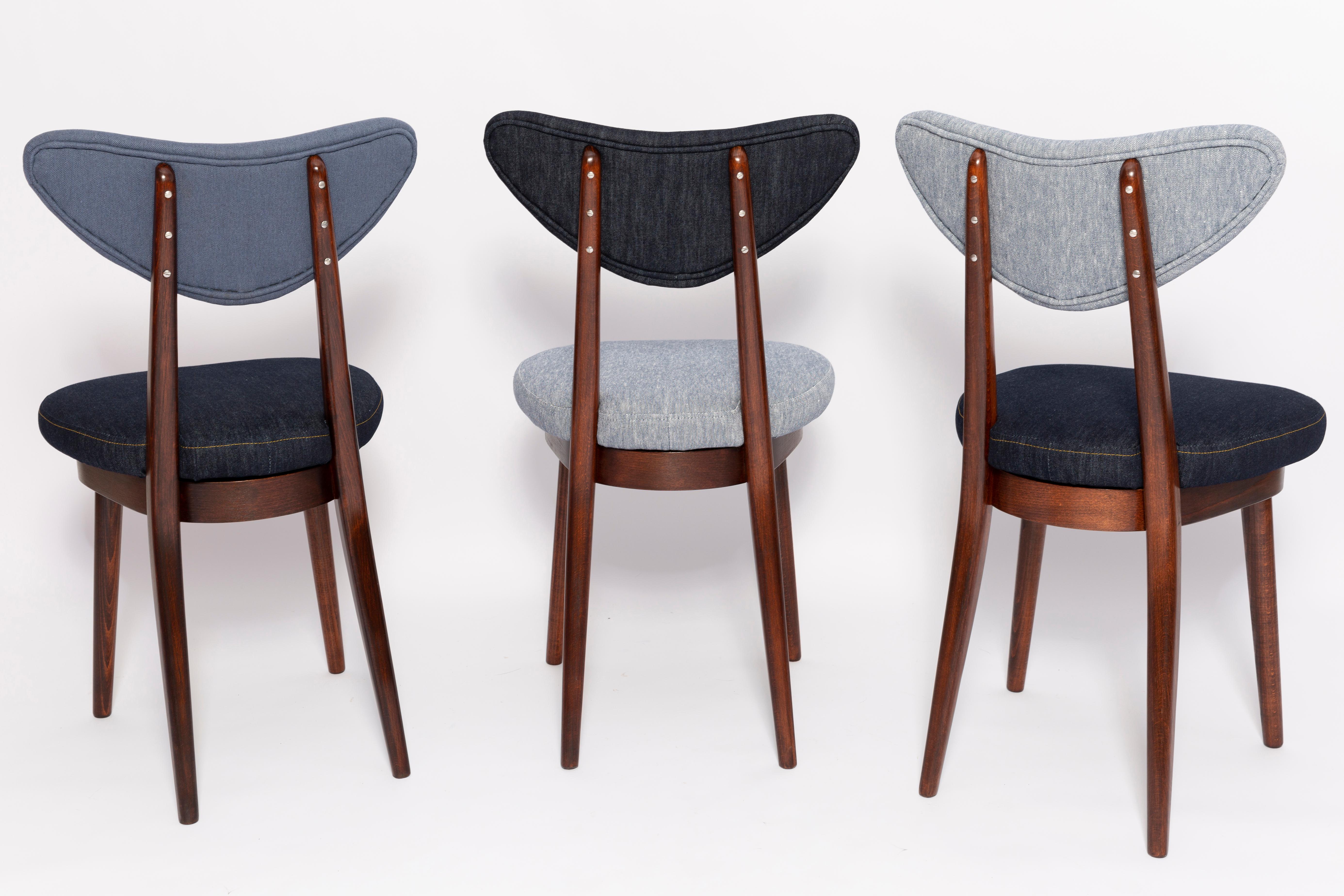Set of Four Midcentury Light and Medium Blue Denim Heart Chairs, Europe, 1960s For Sale 7