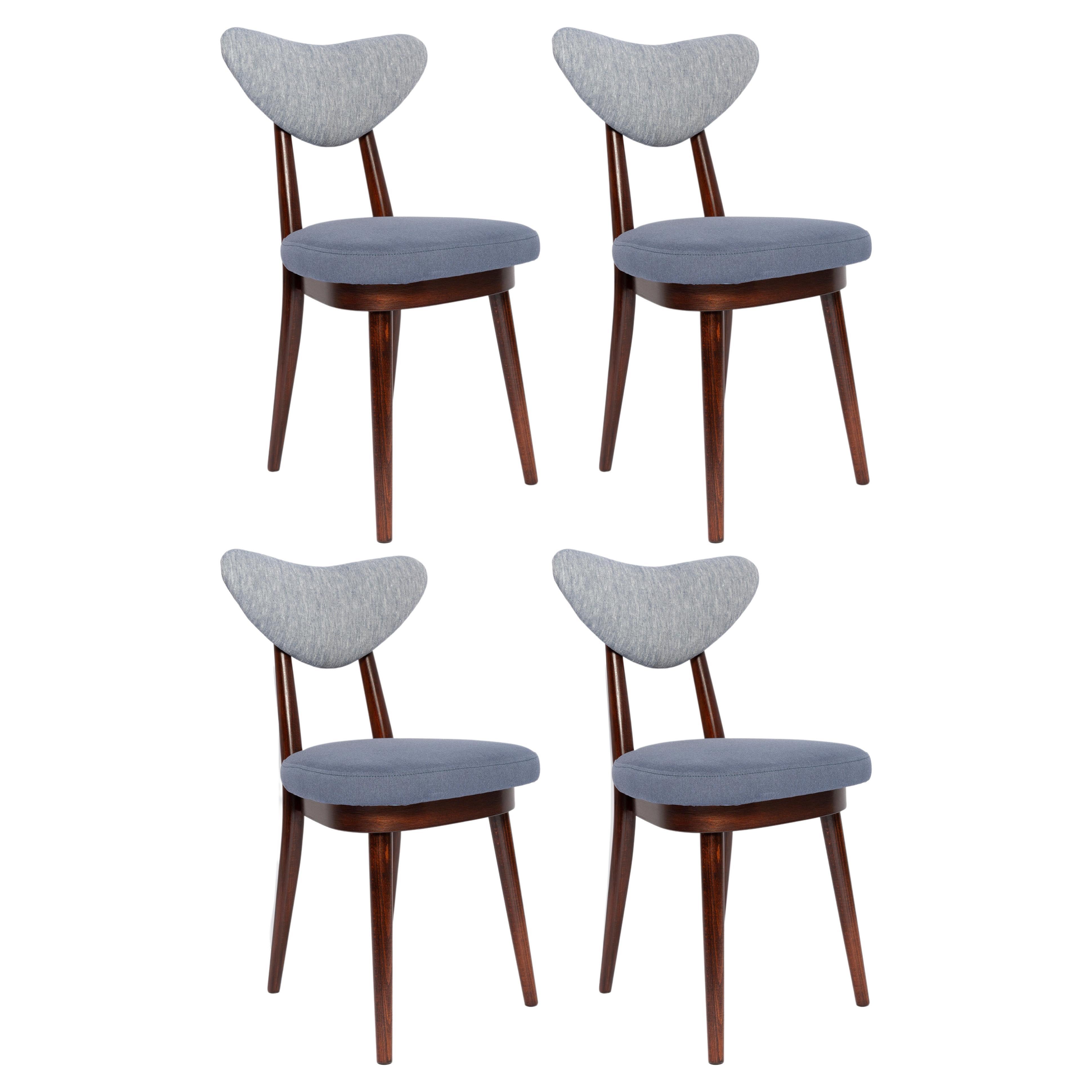 Set of Four Midcentury Light and Medium Blue Denim Heart Chairs, Europe, 1960s