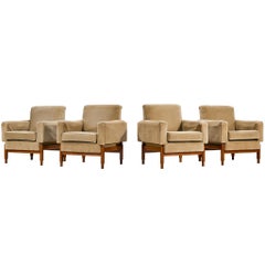 Set of Four Mid-Century Lounge Chairs in Mahogany and Beige Velvet