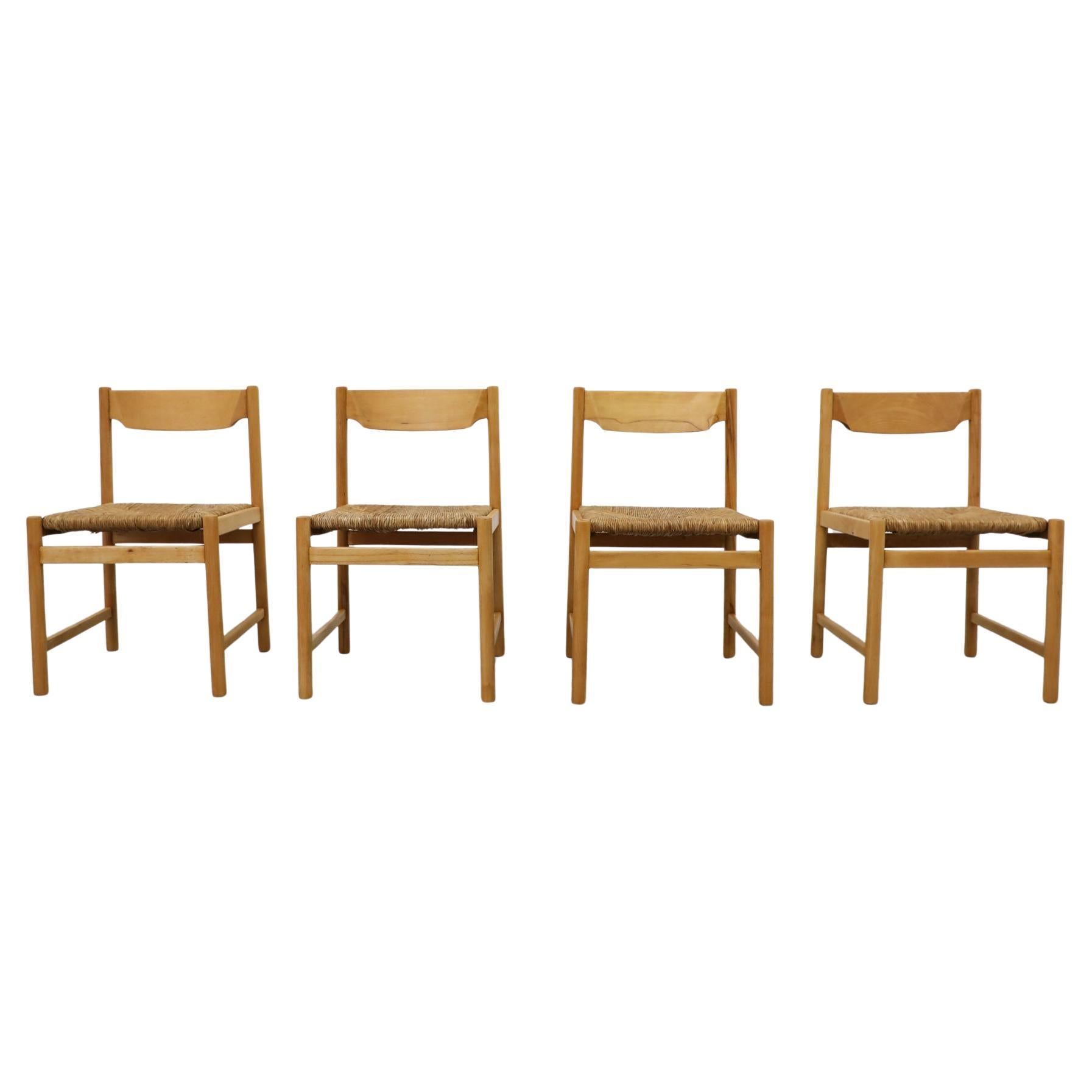 Set of Four Mid-Century Magistretti Style Pine Dining Chairs w/ Rush Seats