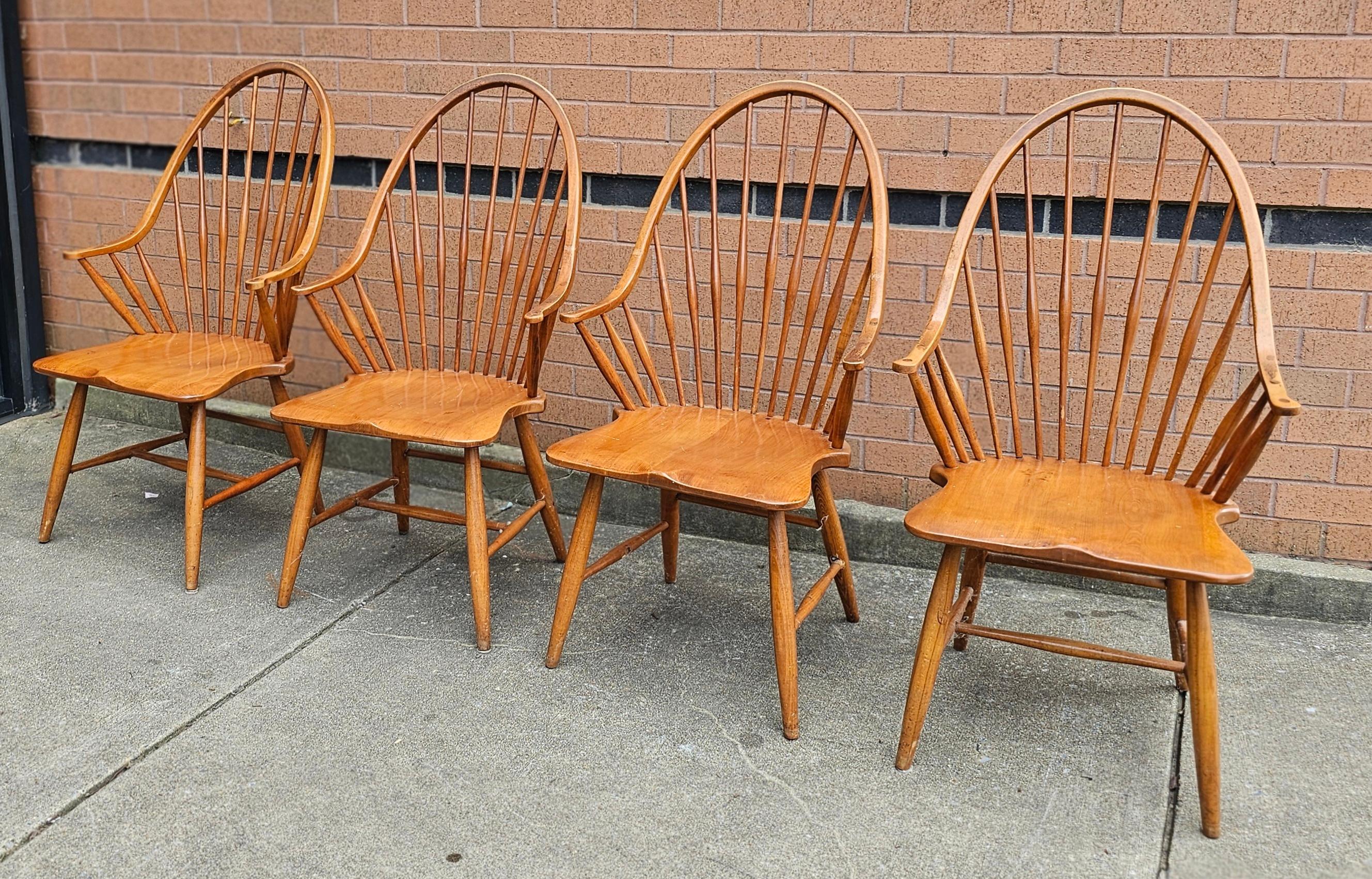 Stained Set of Four Mid Century Maple Windsor Style Continuous Armchairs For Sale