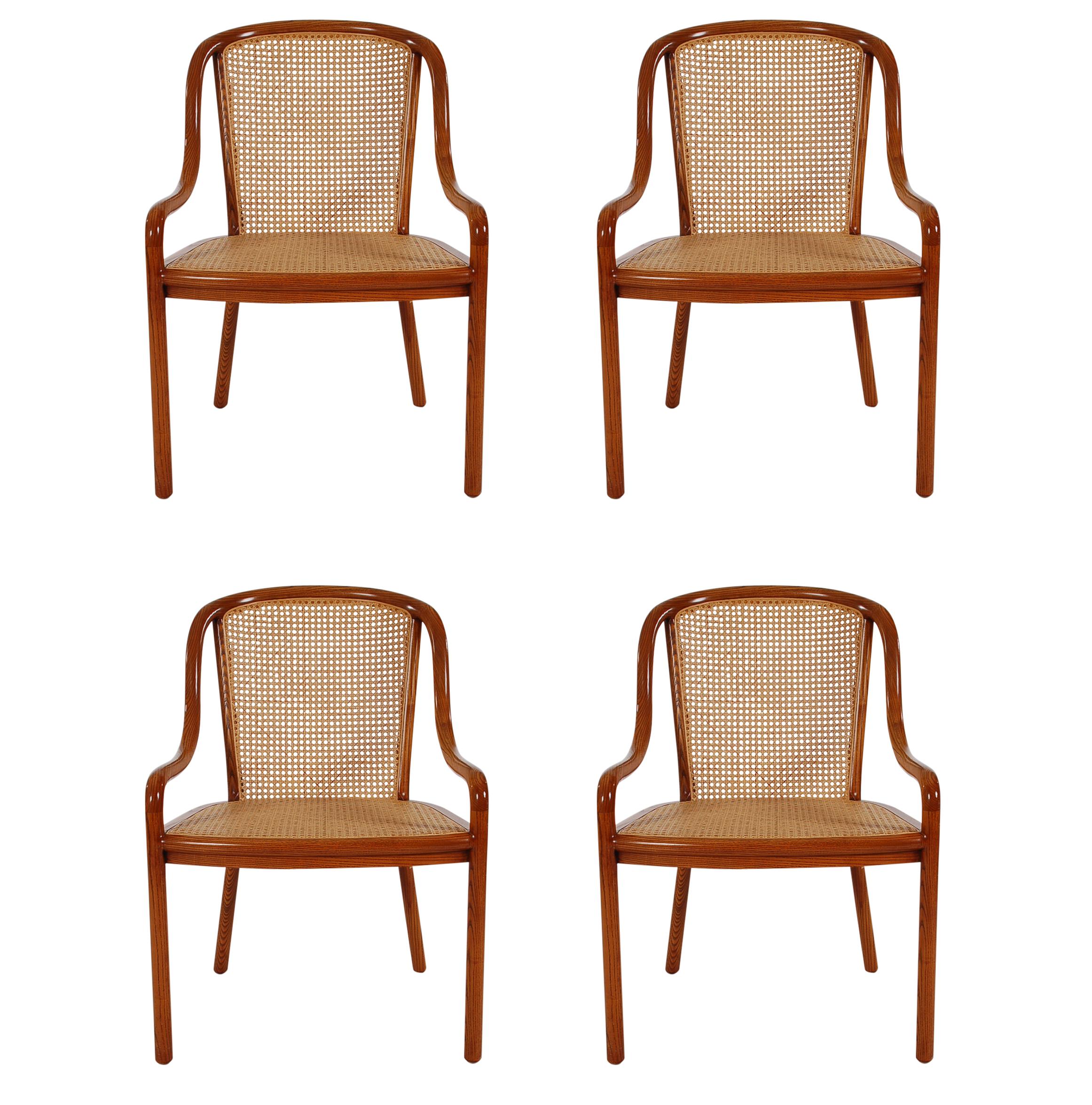 Set of Four Mid-Century Modern Armchair Dining Chairs, Ward Bennet Cane and Oak 1
