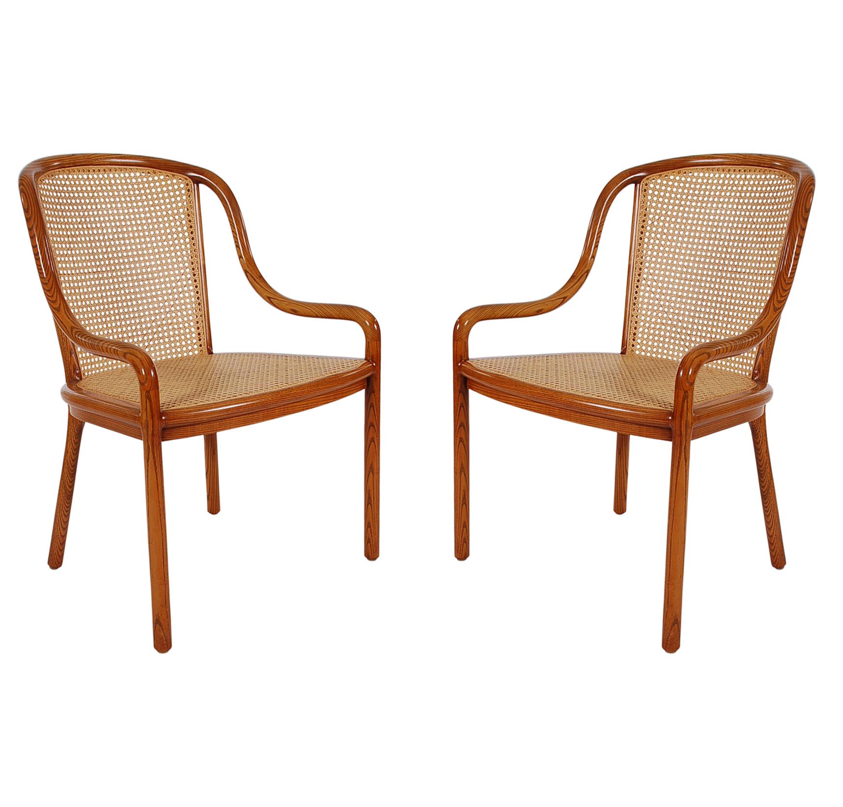 Set of Four Mid-Century Modern Armchair Dining Chairs, Ward Bennet Cane and Oak 2