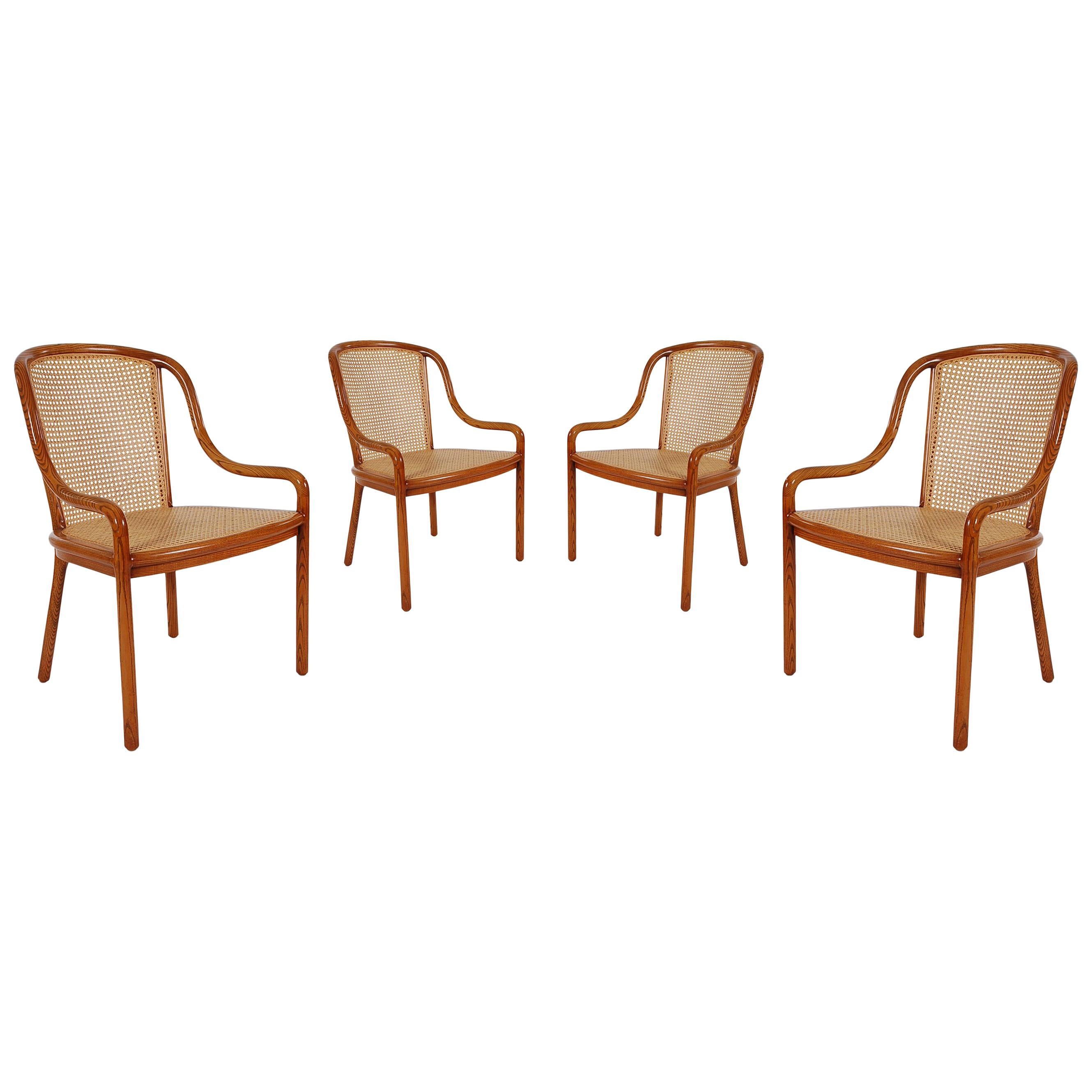 Set of Four Mid-Century Modern Armchair Dining Chairs, Ward Bennet Cane and Oak