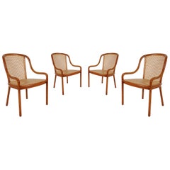 Set of Four Mid-Century Modern Armchair Dining Chairs, Ward Bennet Cane and Oak