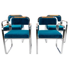 Set of Four Mid-Century Modern Armchairs in Blue Velvet and Chrome, Italy, 1970