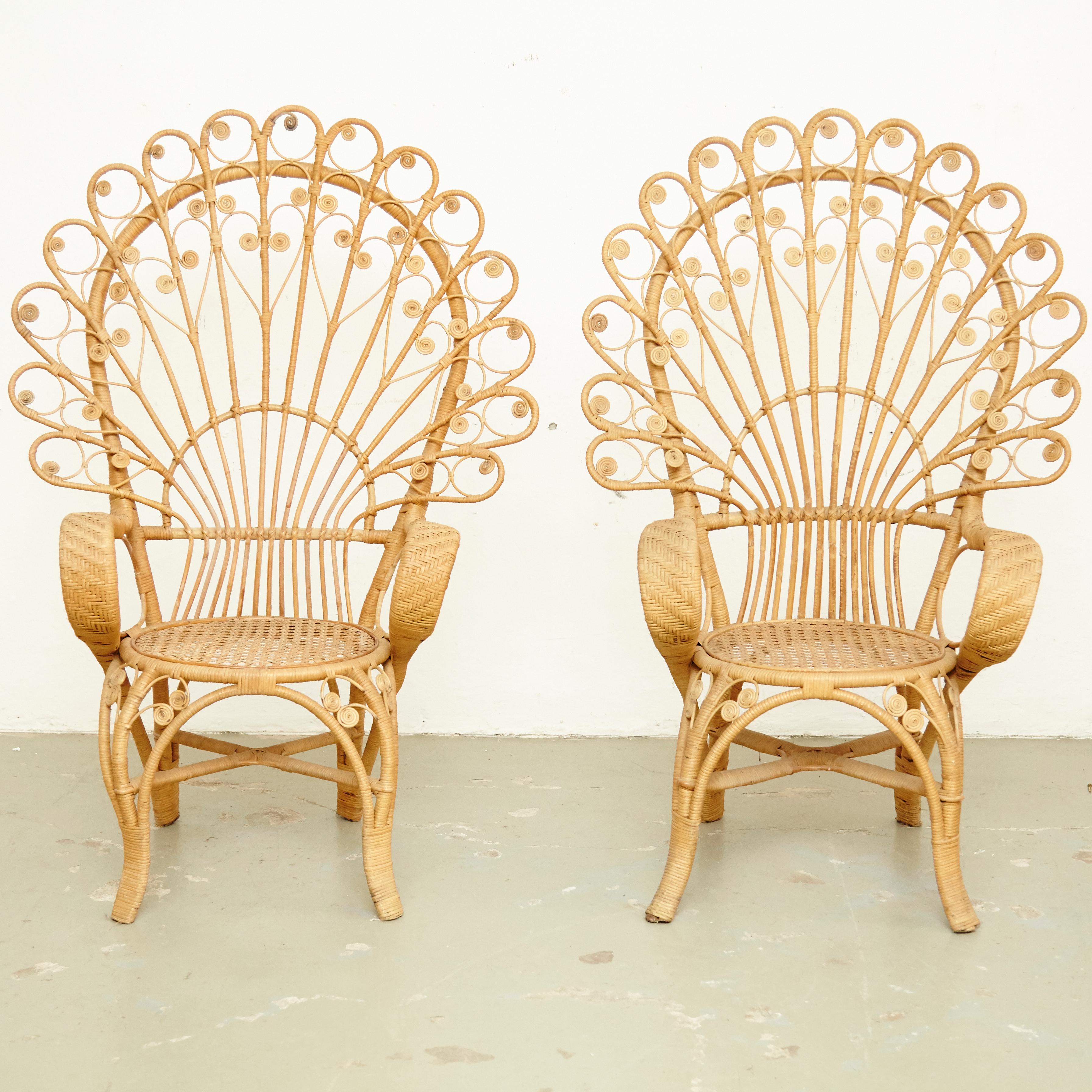 Spanish Set of Four Mid-Century Modern Bamboo and Rattan Chair, circa 1960