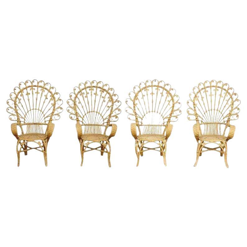 Set of Four Mid-Century Modern Bamboo and Rattan Chair, circa 1960 For Sale