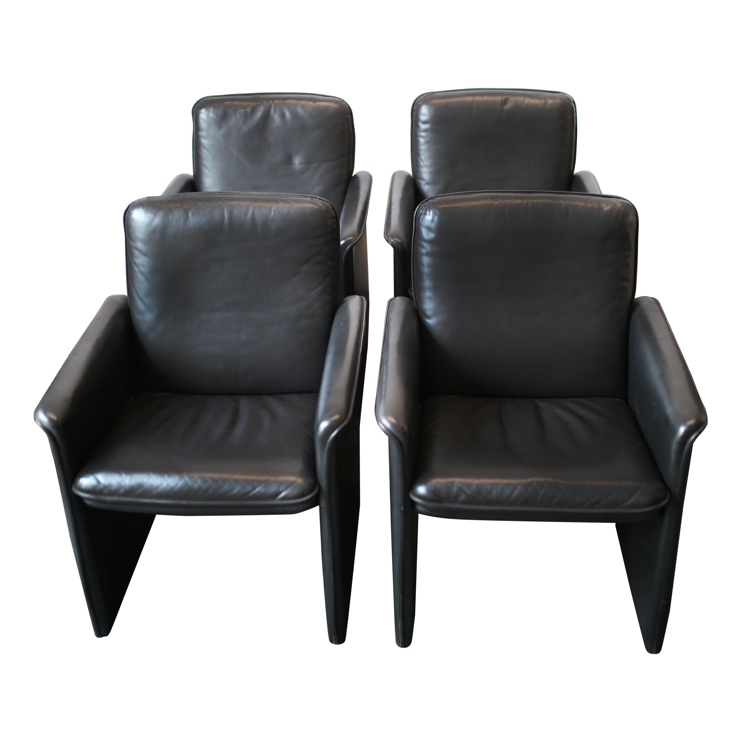 Set of Four Mid-Century Modern Solid Black Leather Chairs by De Sede, 1970s
