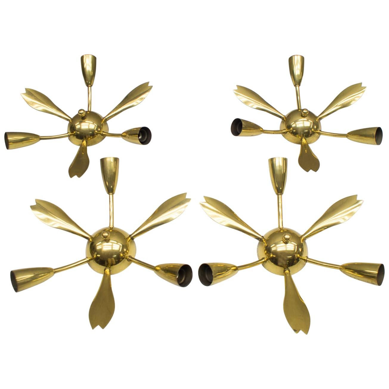 Set of Four Mid-Century Modern Brass Sputnik Wall or Ceiling Lamps, Italy, 1950s