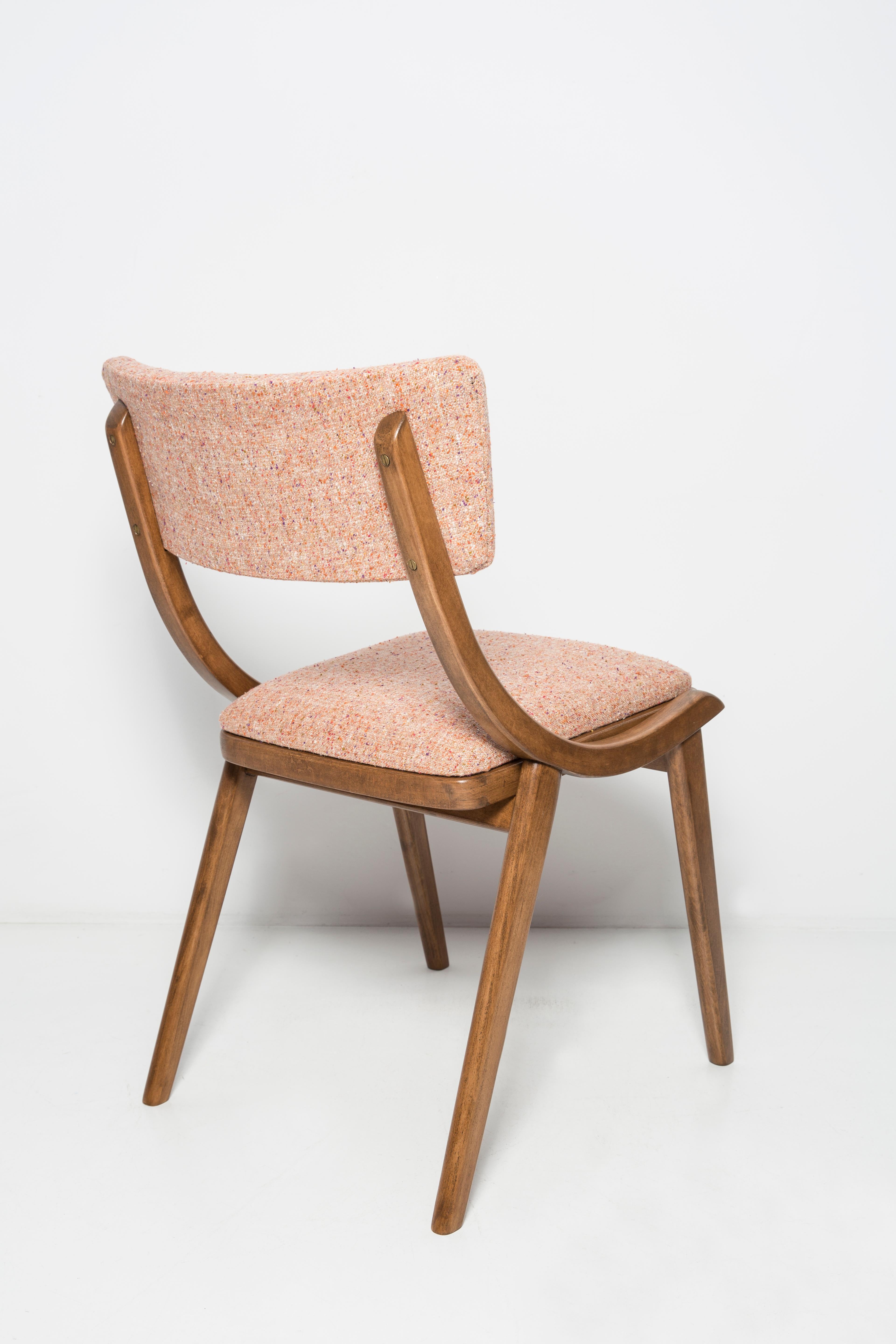 Polish Set of Four Mid Century Modern Bumerang Chairs, Peach Orange Wool, Poland, 1960s For Sale