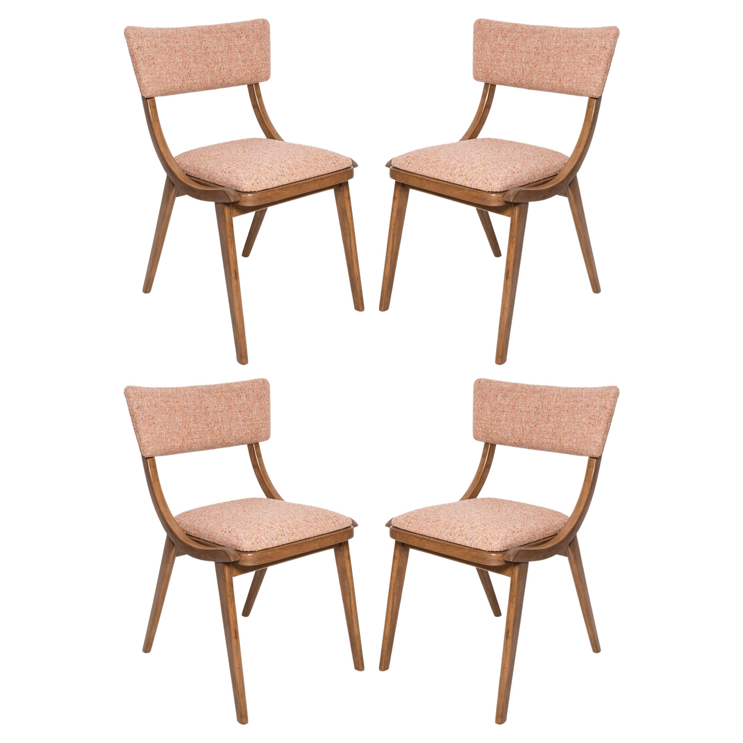 Set of Four Mid Century Modern Bumerang Chairs, Peach Orange Wool, Poland, 1960s For Sale