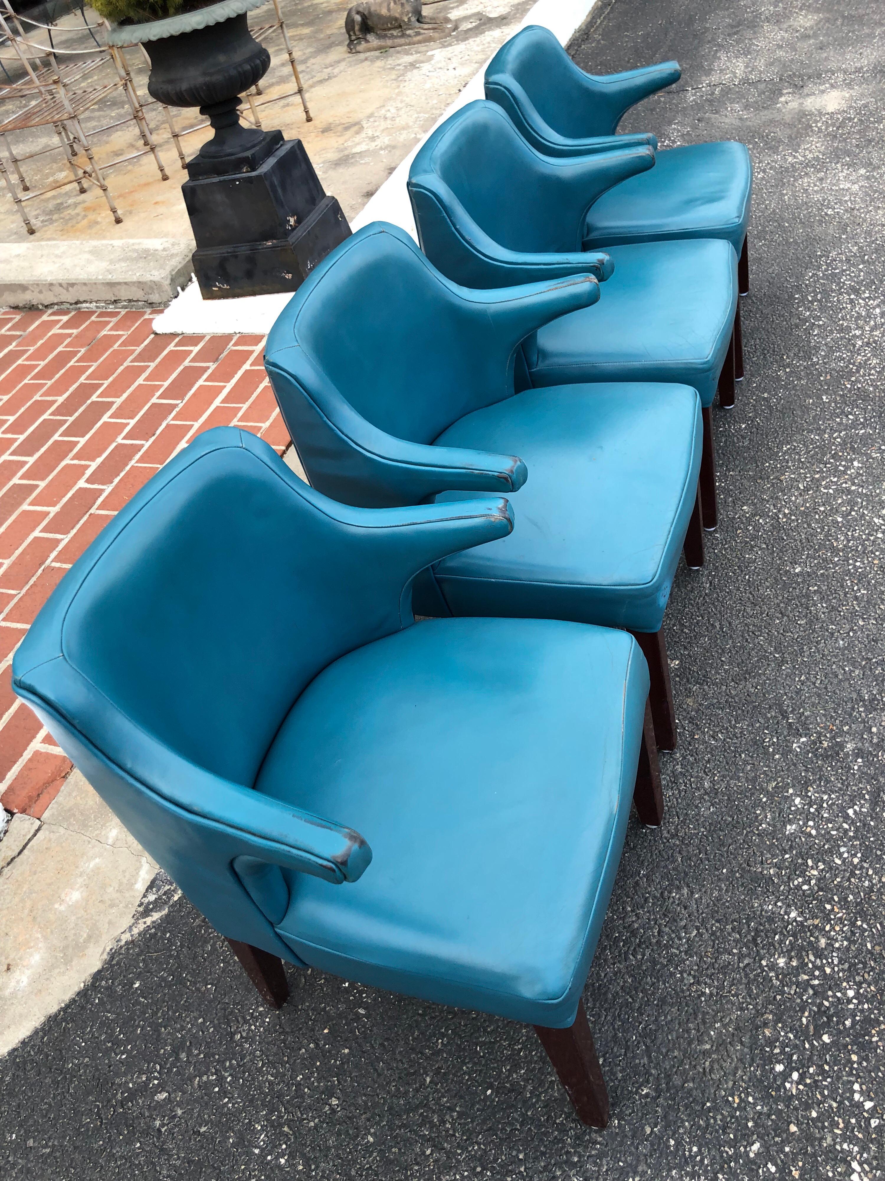 Set of Four Mid-Century Modern Chairs in Peacock Blue 11