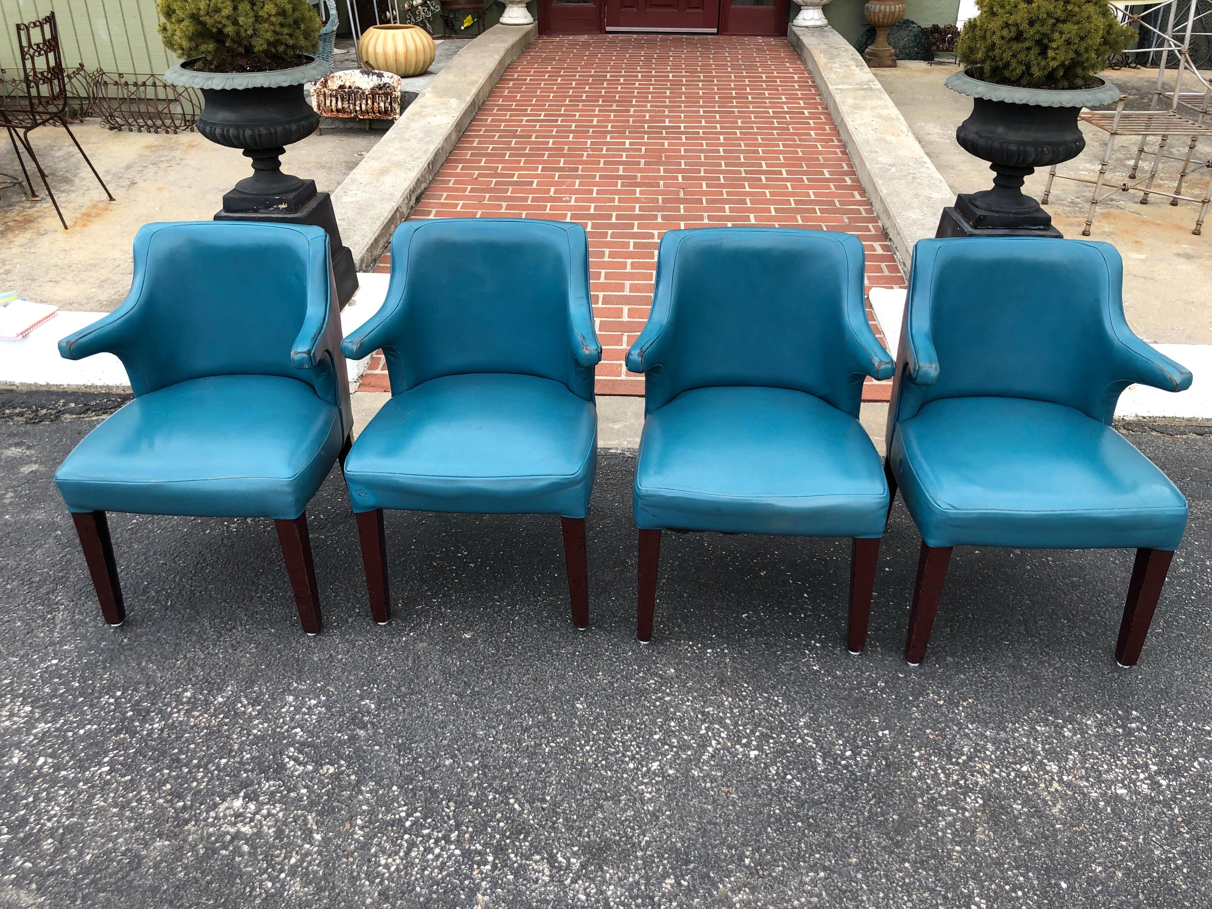 Set of Four Mid-Century Modern Chairs in Peacock Blue In Fair Condition In Redding, CT