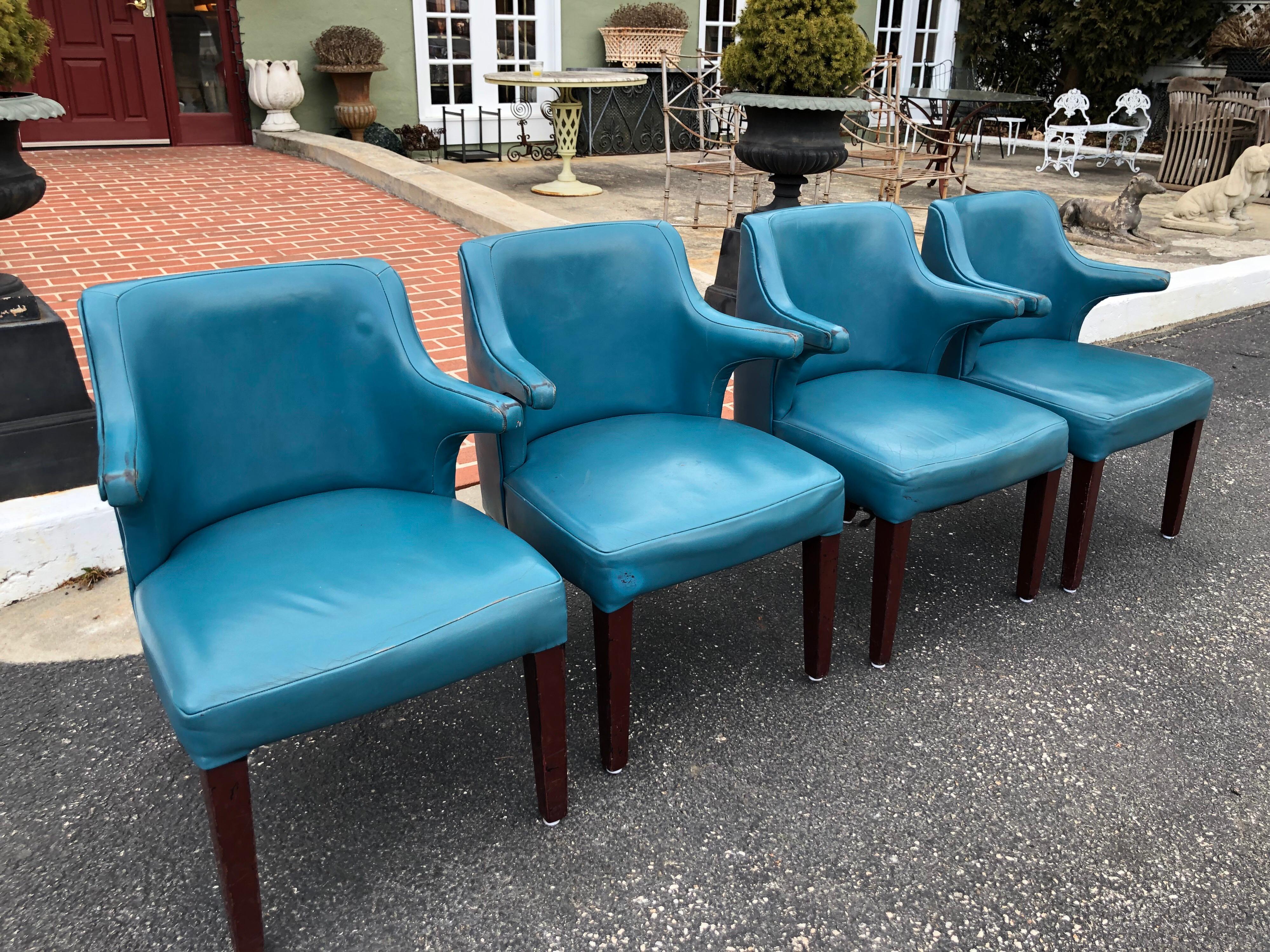 PVC Set of Four Mid-Century Modern Chairs in Peacock Blue