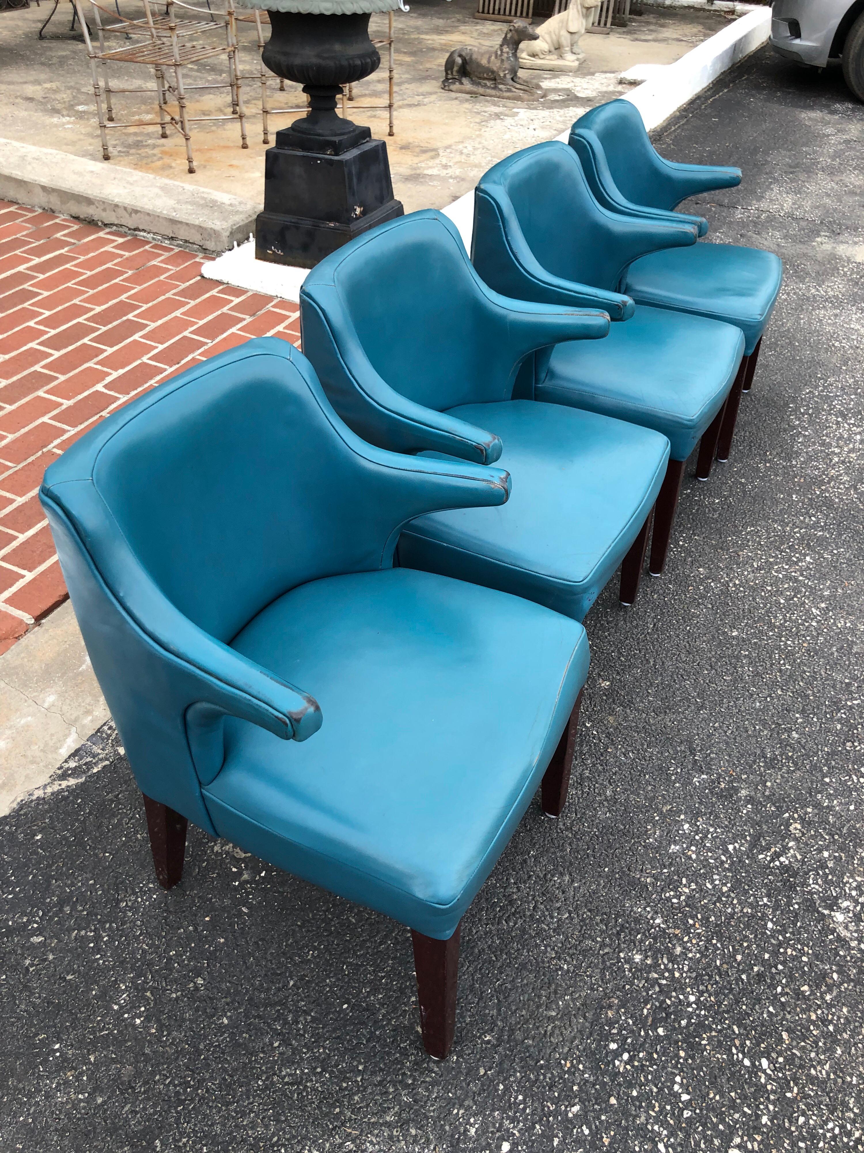 Set of Four Mid-Century Modern Chairs in Peacock Blue 2