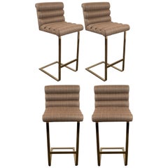 Set of Four Mid-Century Modern Channel Tufted Barstools in Brass by Pace