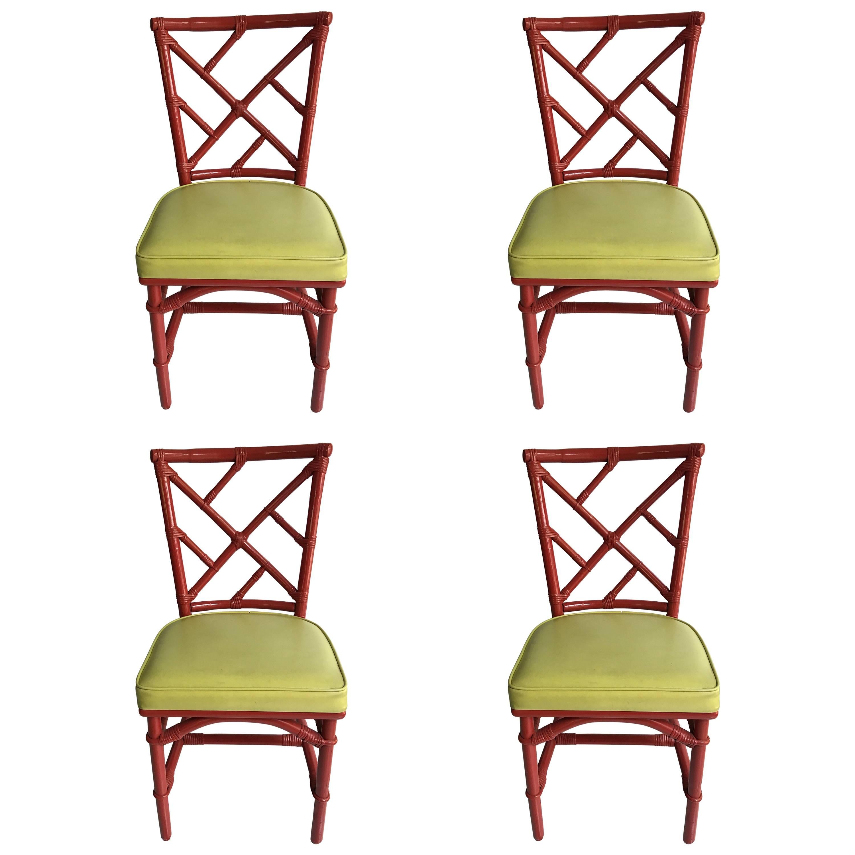 Set of Four Mid-Century Modern Chinese Chippendale DIA Bamboo Red Side Chairs