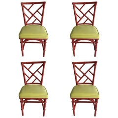 Set of Four Mid-Century Modern Chinese Chippendale DIA Bamboo Red Side Chairs