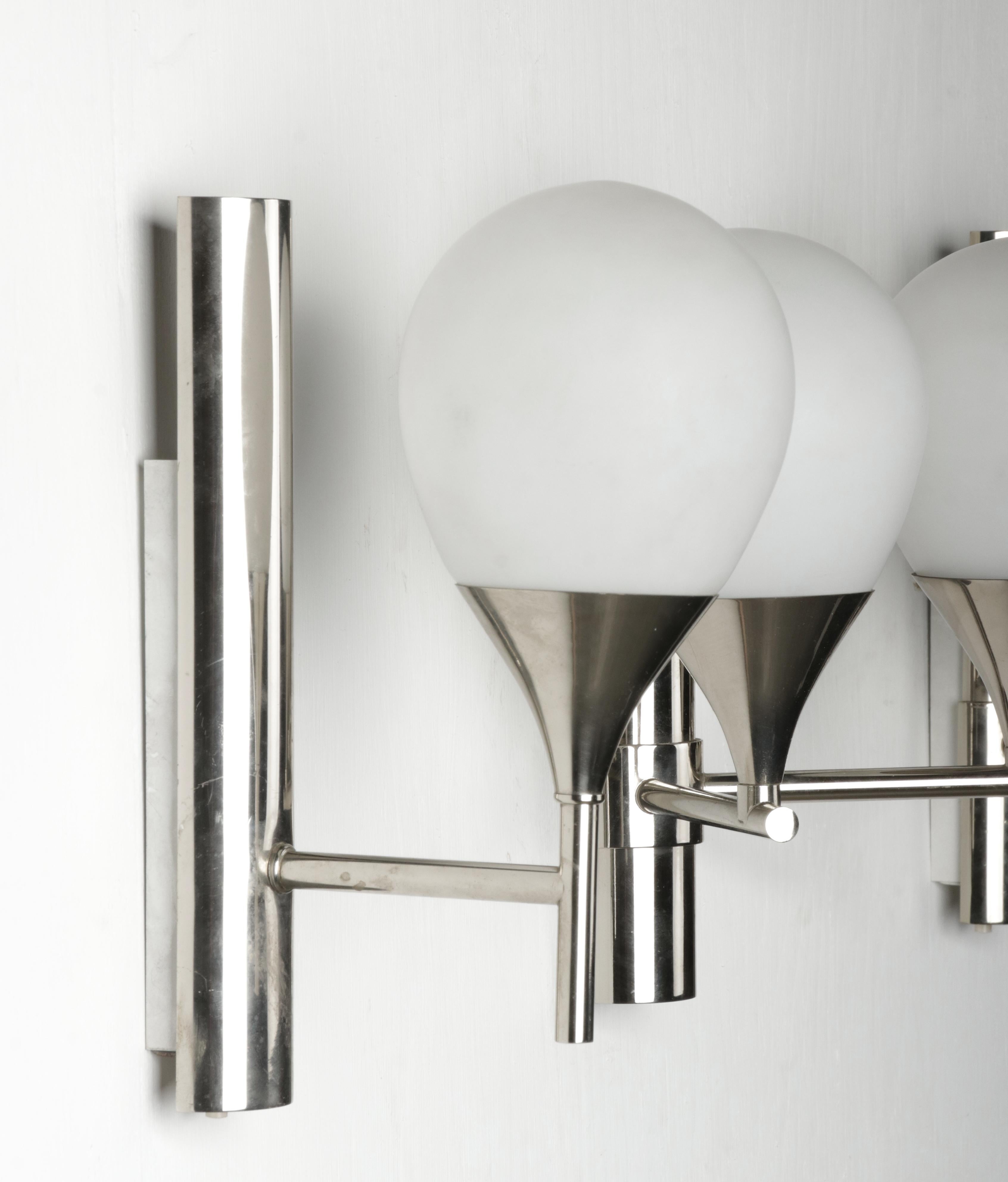 Opaline Glass Set of Four Mid-Century Modern Chrome Plated Sconces / Wall Lights For Sale