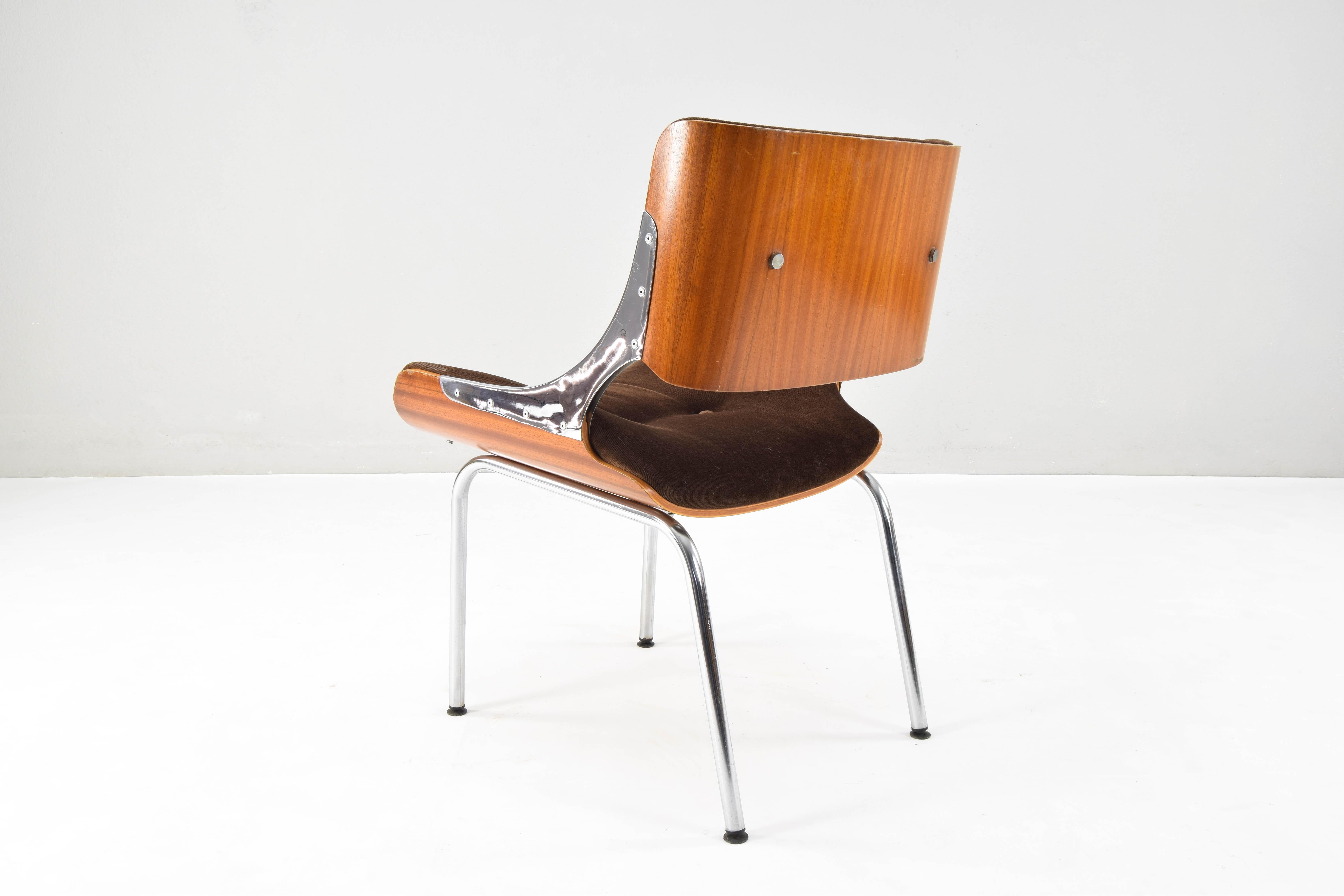 Set of Four Mid-Century Modern Danish Teak Plywood  Chrome and Velvet Chairs 6