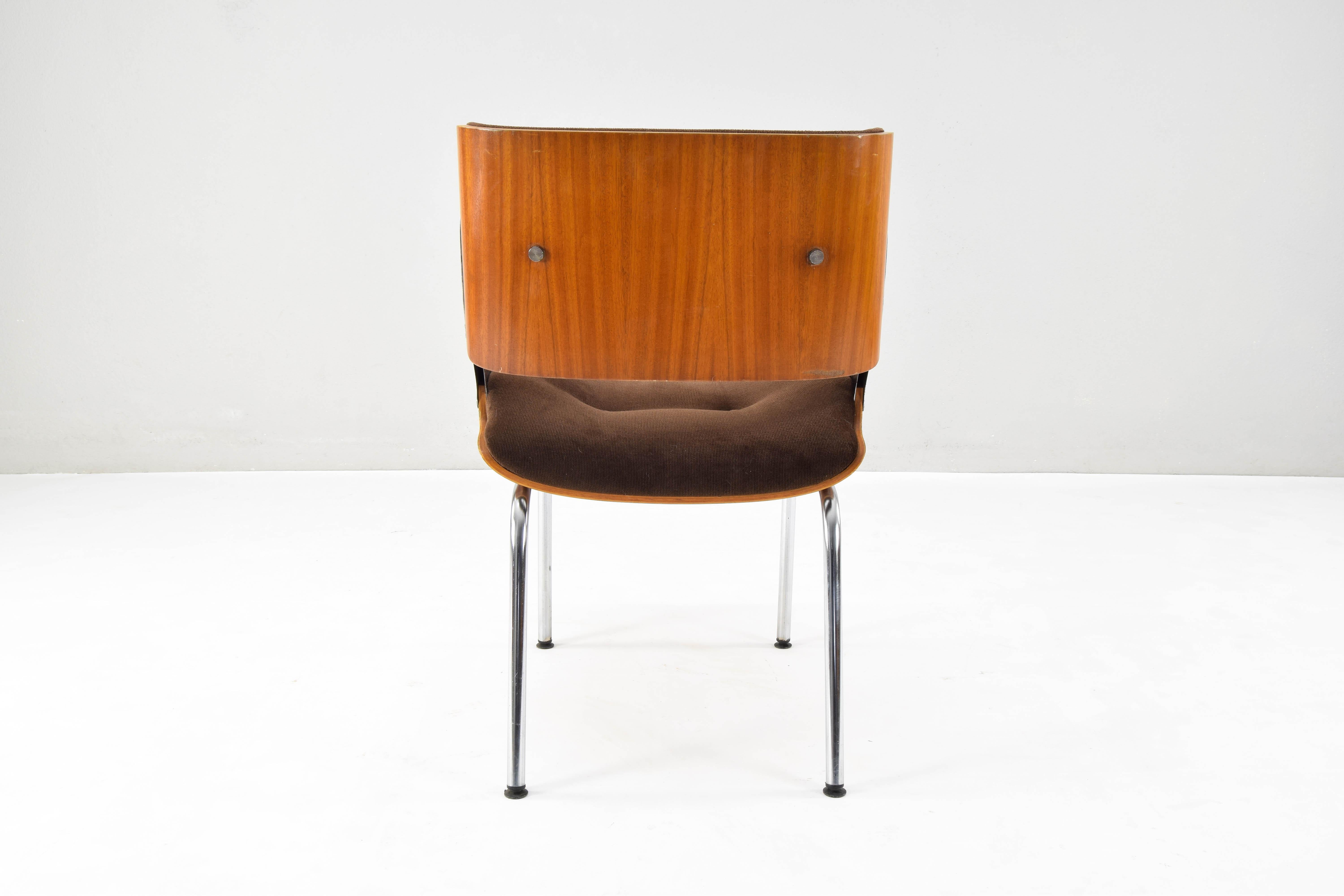 Set of Four Mid-Century Modern Danish Teak Plywood  Chrome and Velvet Chairs 7