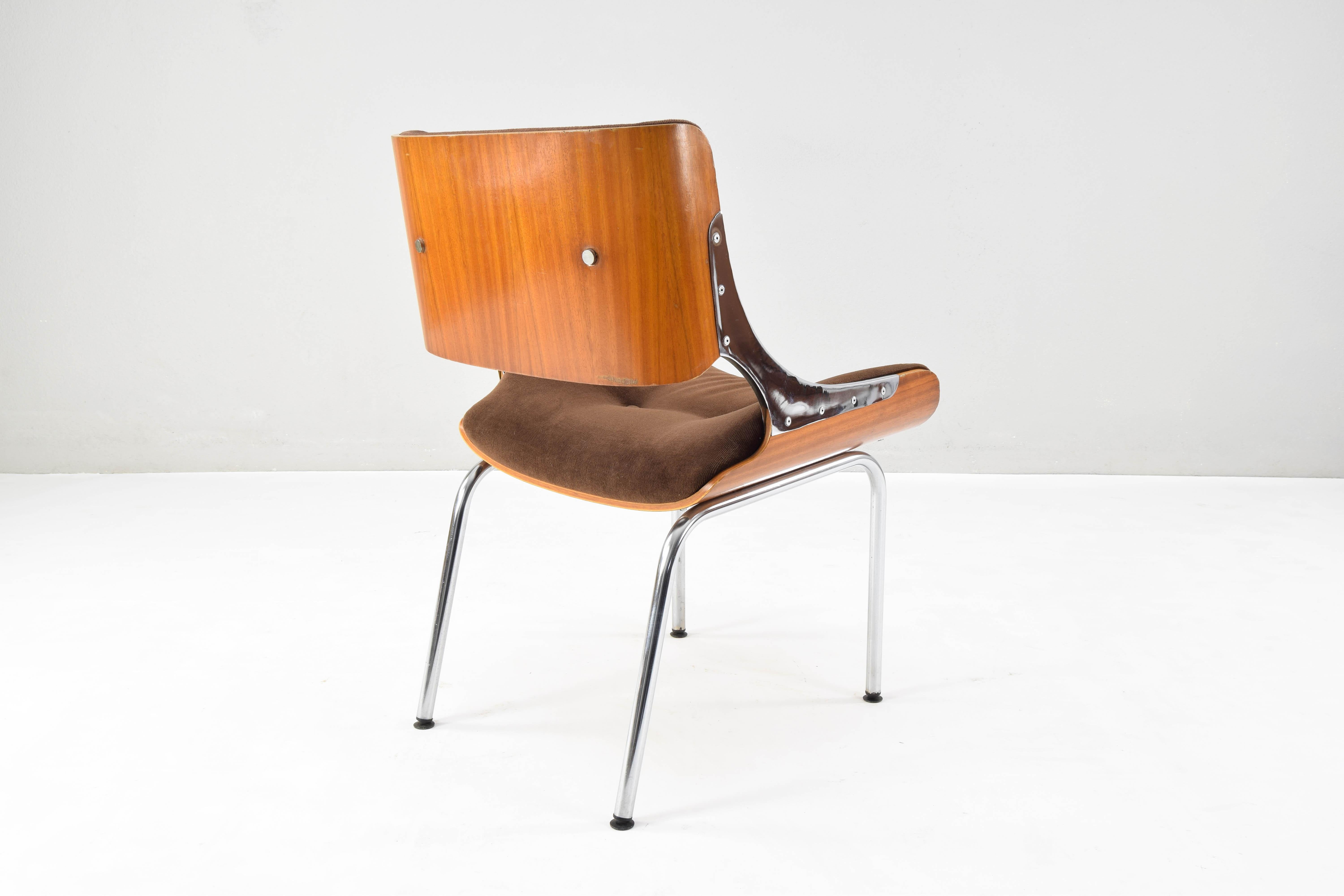 Set of Four Mid-Century Modern Danish Teak Plywood  Chrome and Velvet Chairs 8