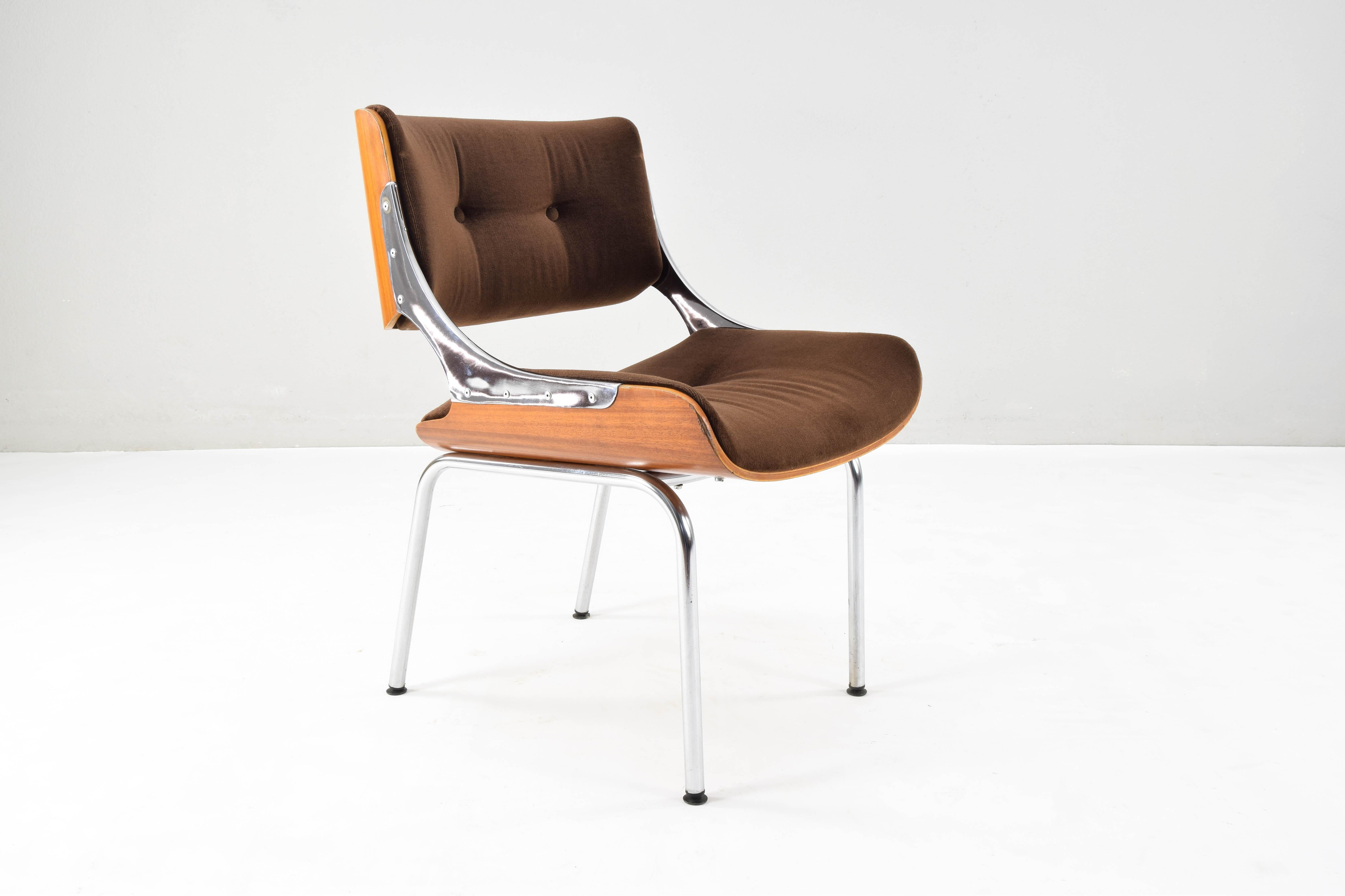 Set of Four Mid-Century Modern Danish Teak Plywood  Chrome and Velvet Chairs 10